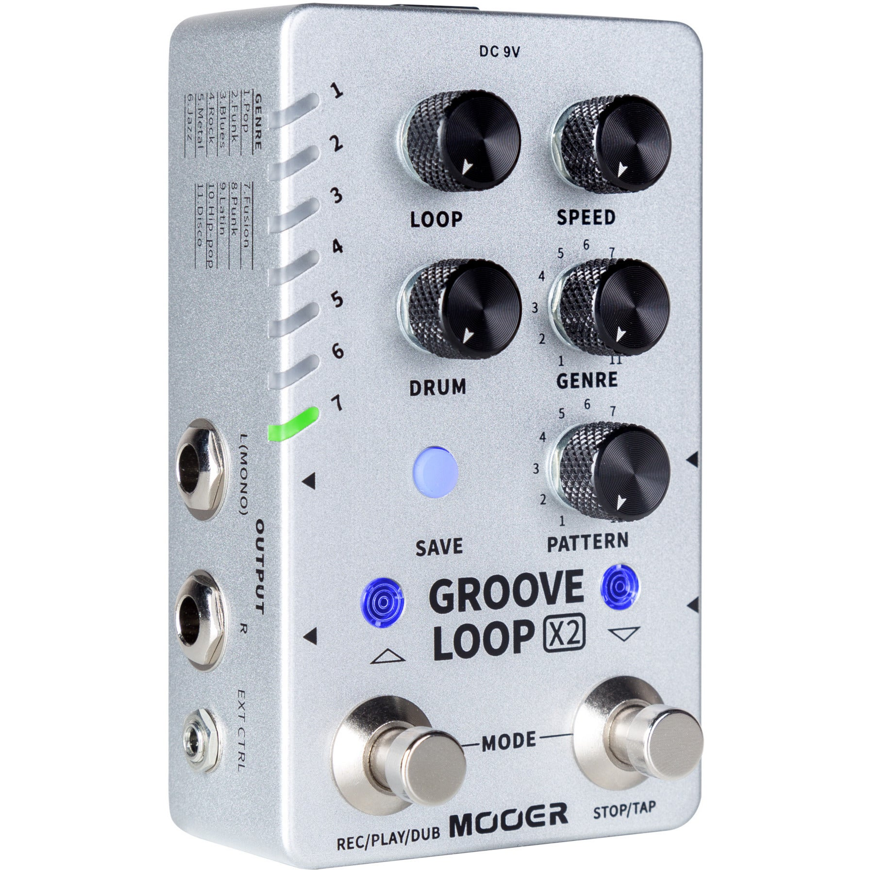 Gümüş Mooer Groove Loop X2 efekt pedalı düğmeler ve etiketlerle.