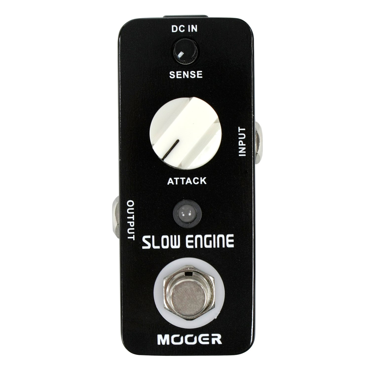 Beyaz yazılı siyah efekt pedalı: DC IN, SENSE, ATTACK, OUTPUT, INPUT, SLOW ENGINE, MOOER.
