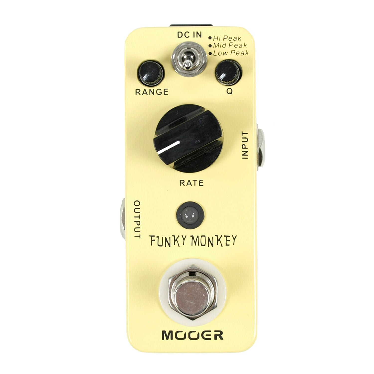 Range, Rate ve Q düğmeli sarı gitar efekt pedalı.