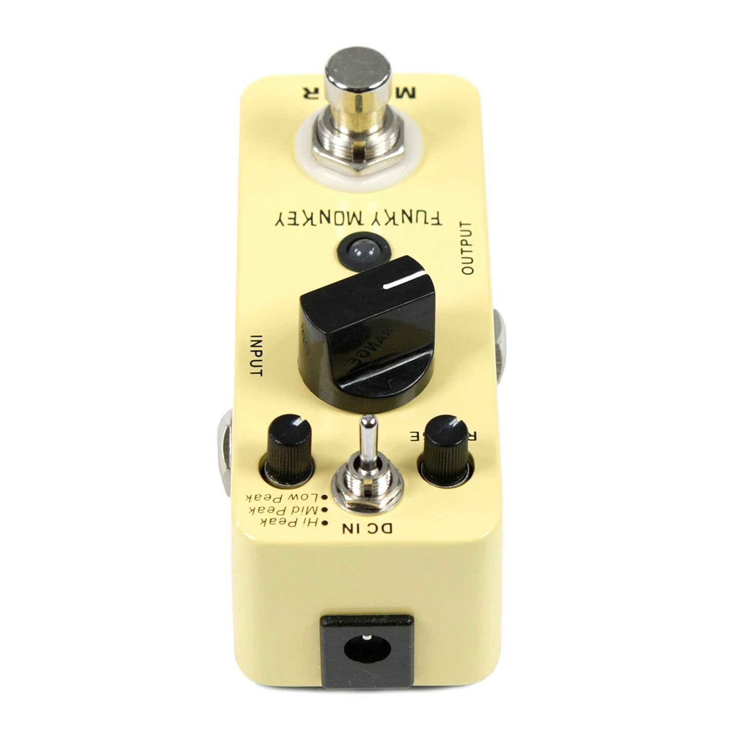 Düğmeler, anahtarlar ve giriş/çıkış jakları olan sarı bir "Funky Monkey" gitar pedalı.