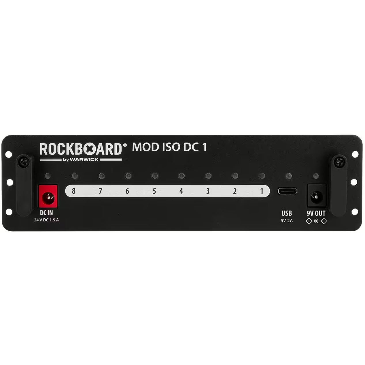 Zwarte Rockboard Mod Iso DC 1 met 8 DC-uitgangen, USB en DC-ingang.