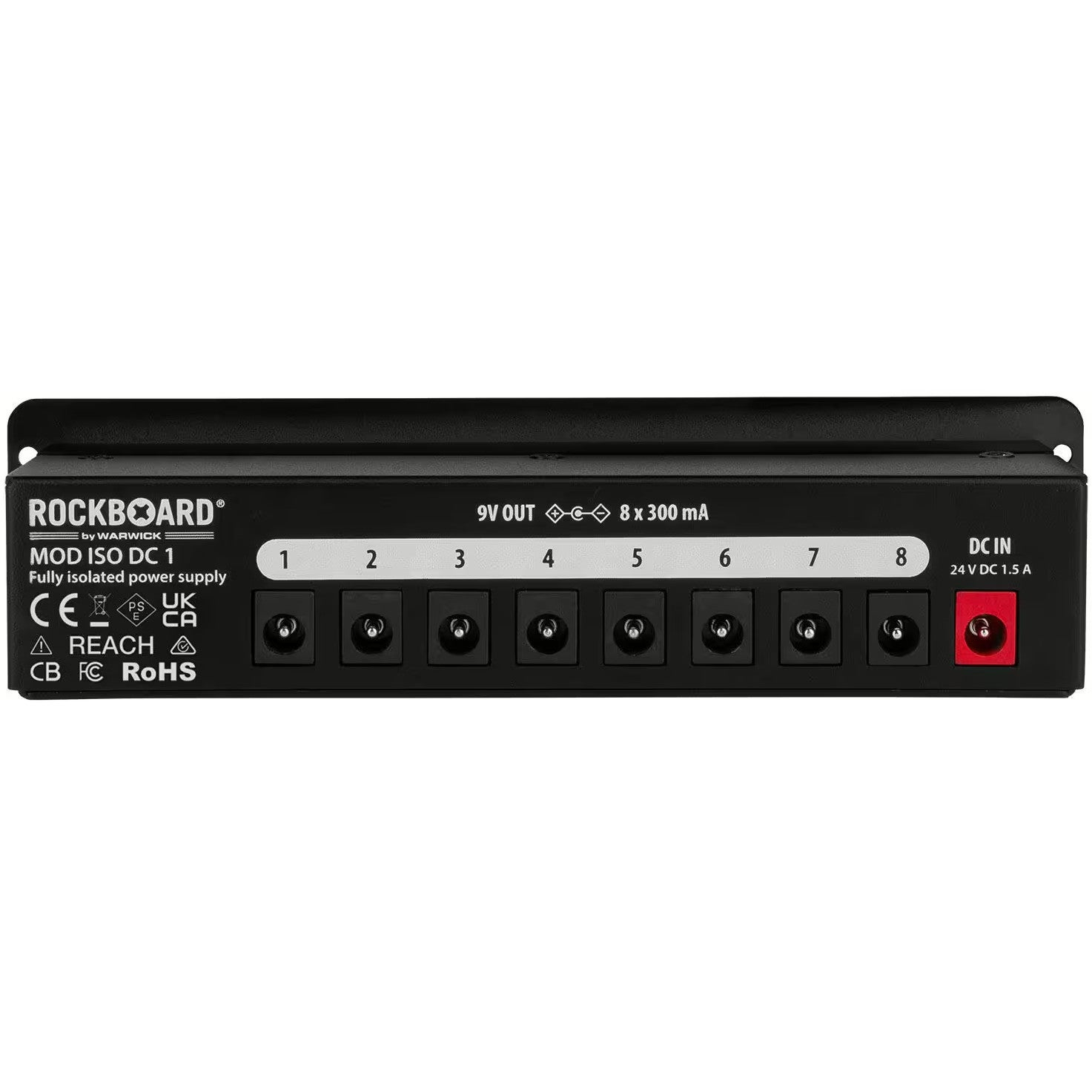 Een zwart Rockboard voedingsapparaat met 8 DC-uitgangen en één DC-ingang.