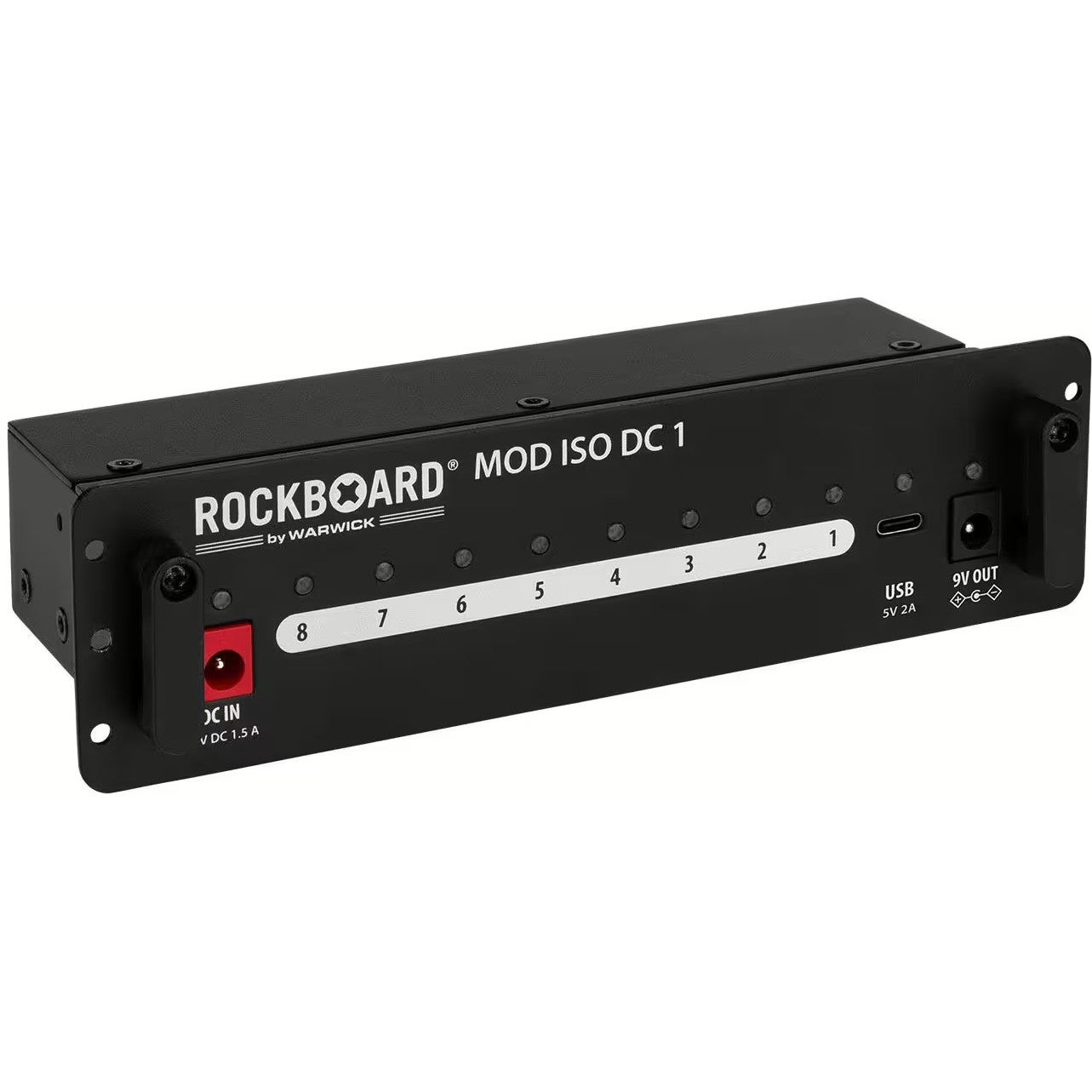 Zwarte Rockboard Mod Iso DC 1 voeding met 8 uitgangen, USB en 9V uitgang.