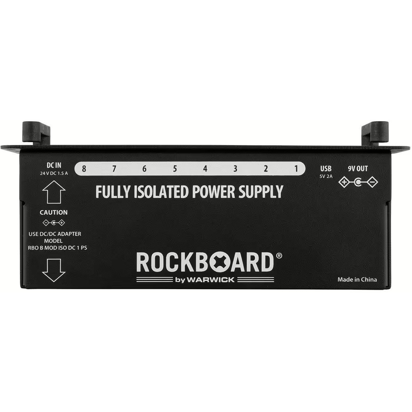 Zwarte Rockboard voeding met 8 uitgangen, DC-In, USB en 9V Out.