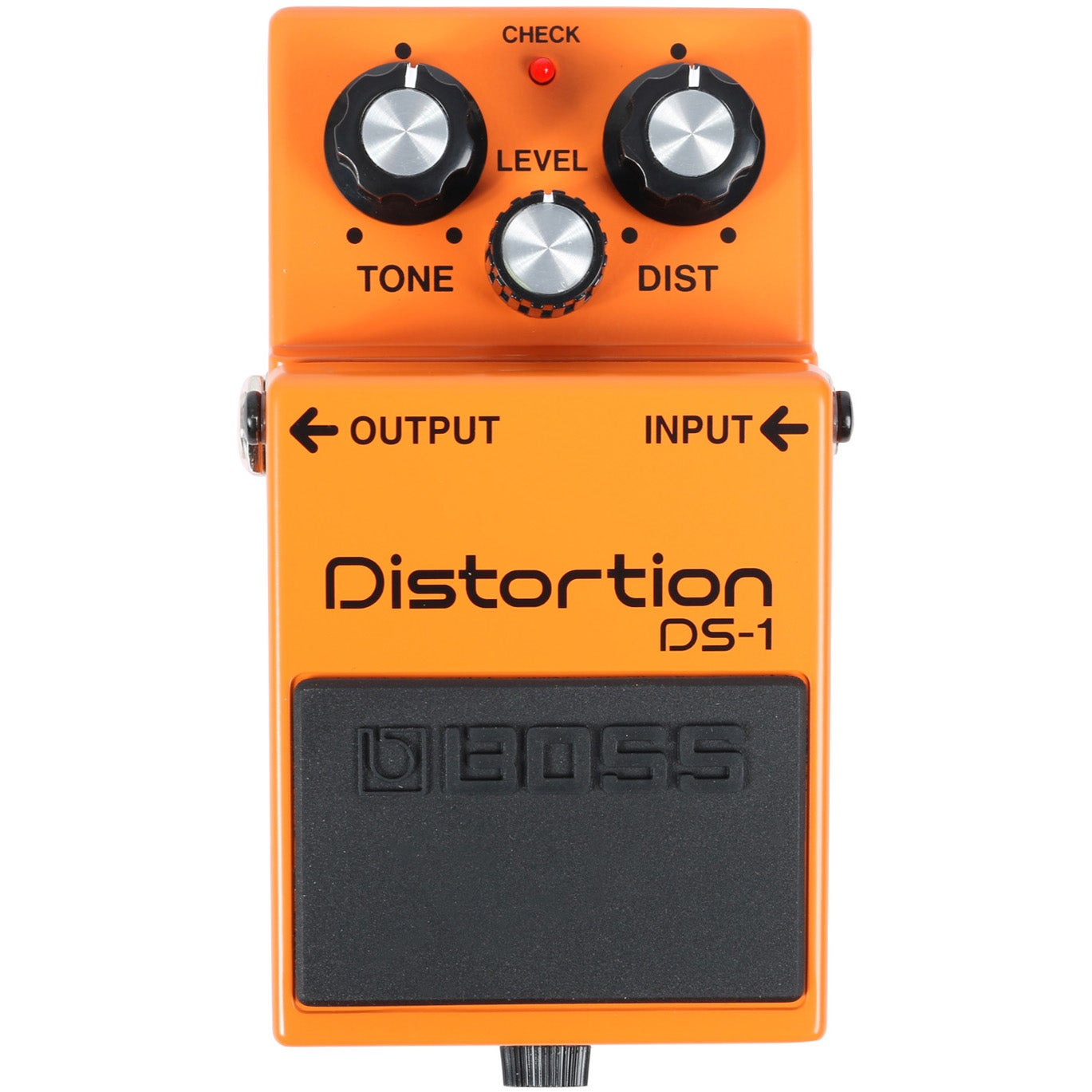 Een oranje BOSS DS-1 distortion effectpedaal met drie knoppen en een zwarte voetschakelaar.