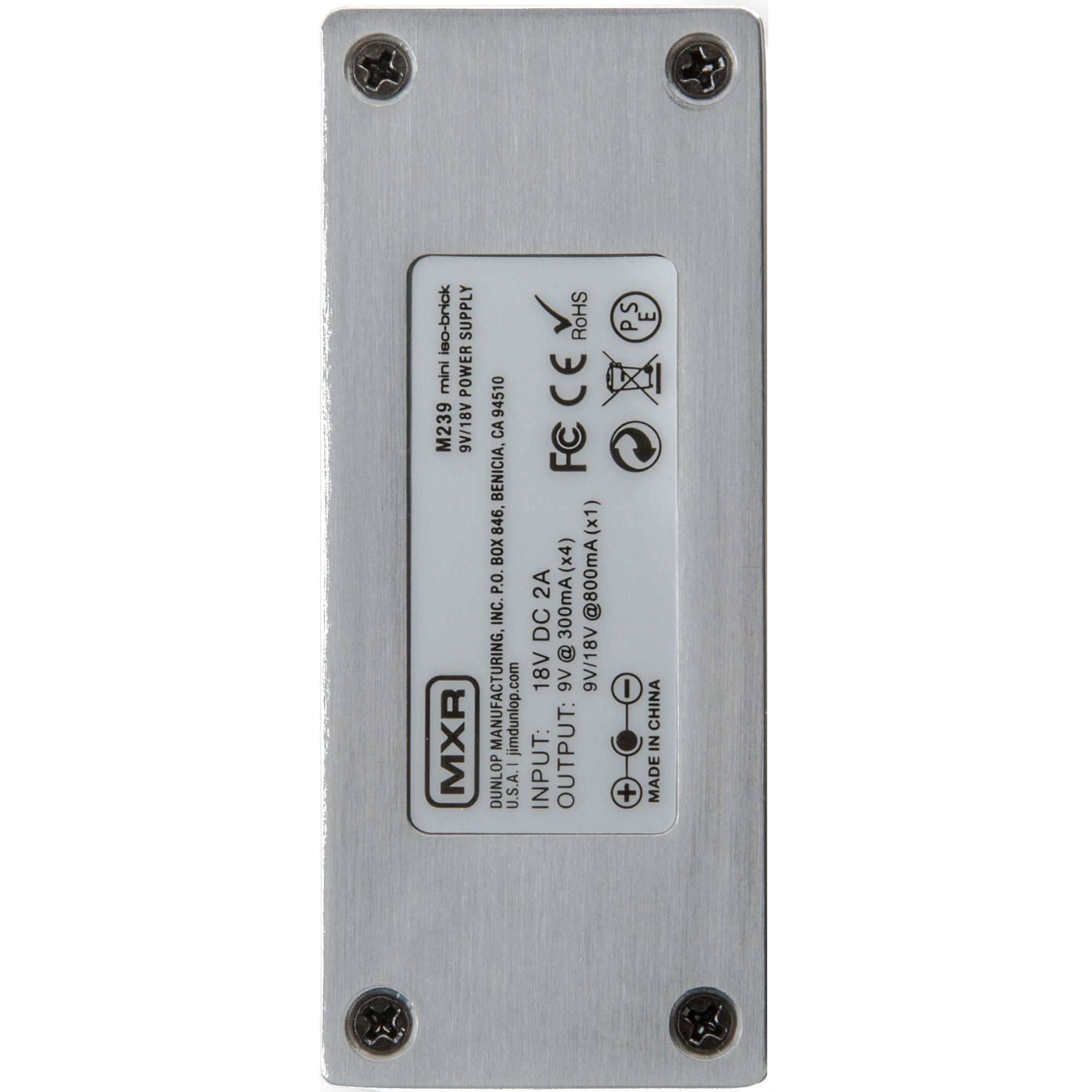 Rechthoekige metalen voeding met tekst: MXR, M239 mini iso-brick, 9V/18V POWER SUPPLY, INPUT, OUTPUT, en certificeringen.