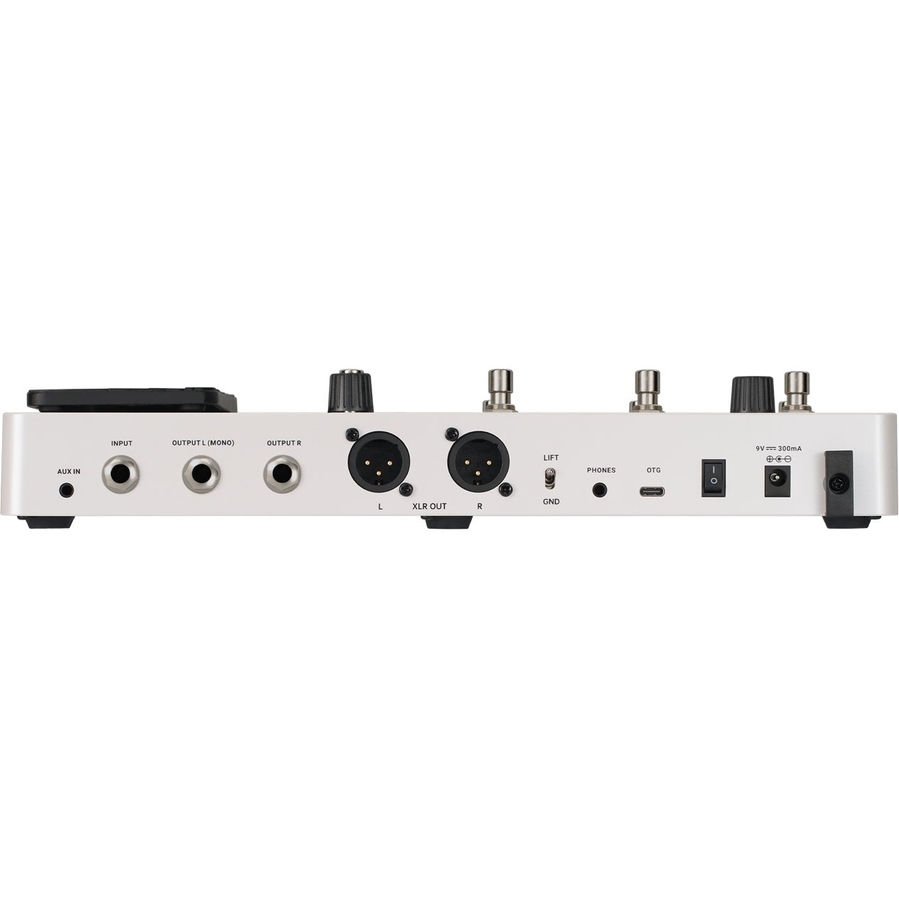 Beyaz ses birimi bağlantıları: Aux In, Input, Output L/R, XLR Out, Phones, OTG, Güç.