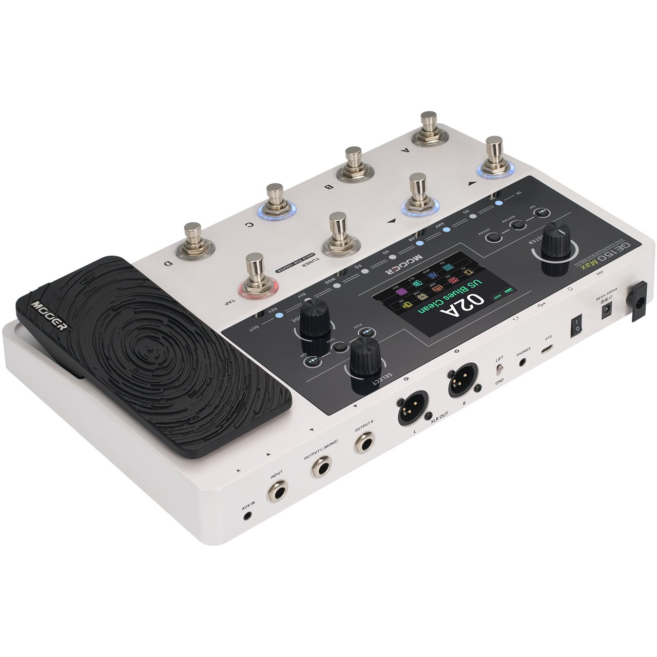 Siyah expression pedalı, düğmeleri ve LCD ekranı olan beyaz gitar çoklu efekt pedalı.
