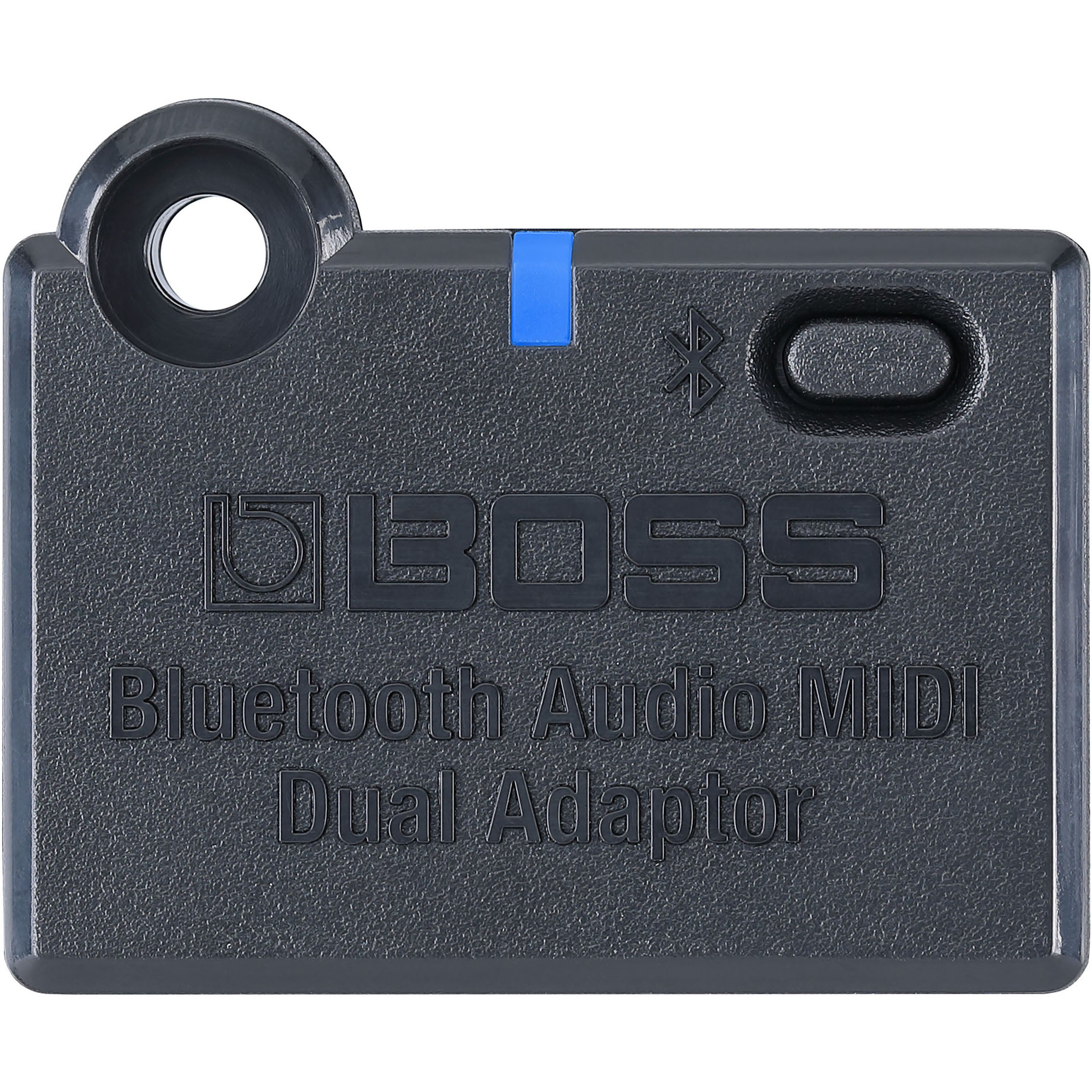 Zwarte BOSS Bluetooth Audio MIDI Dual Adapter met blauwe streep en logo.