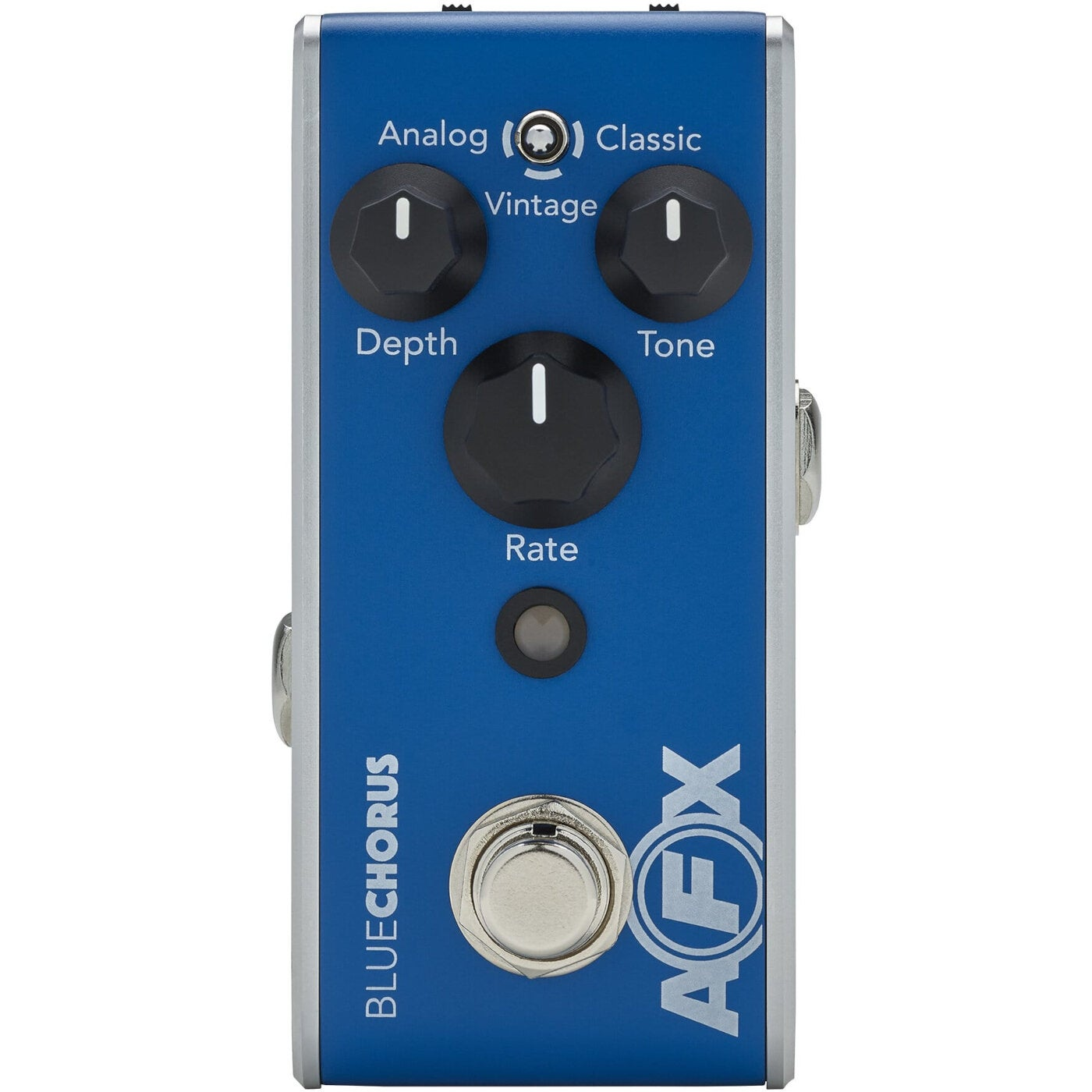 A blue effect pedal with black knobs labeled "Depth", "Rate", and "Tone".