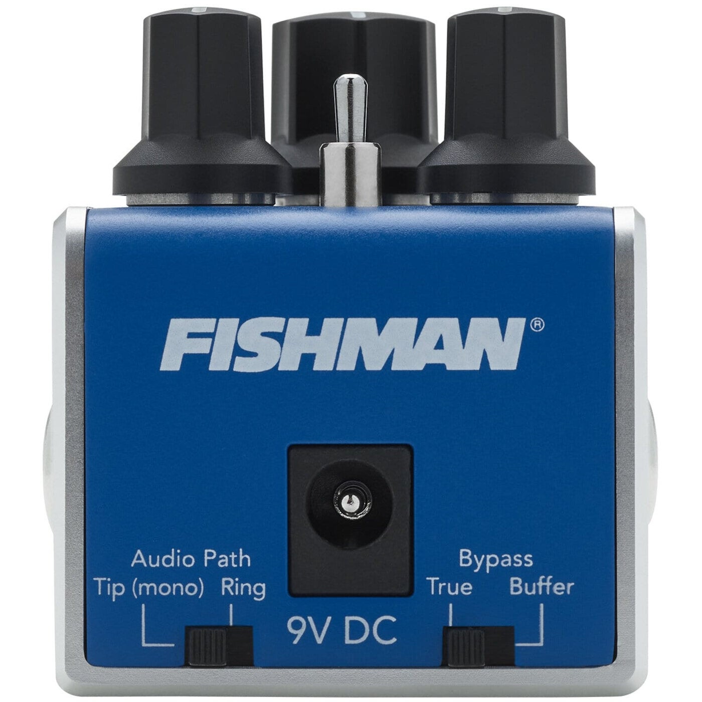 Blue Fishman stompbox with three black knobs, 9V DC input, and toggle switches.