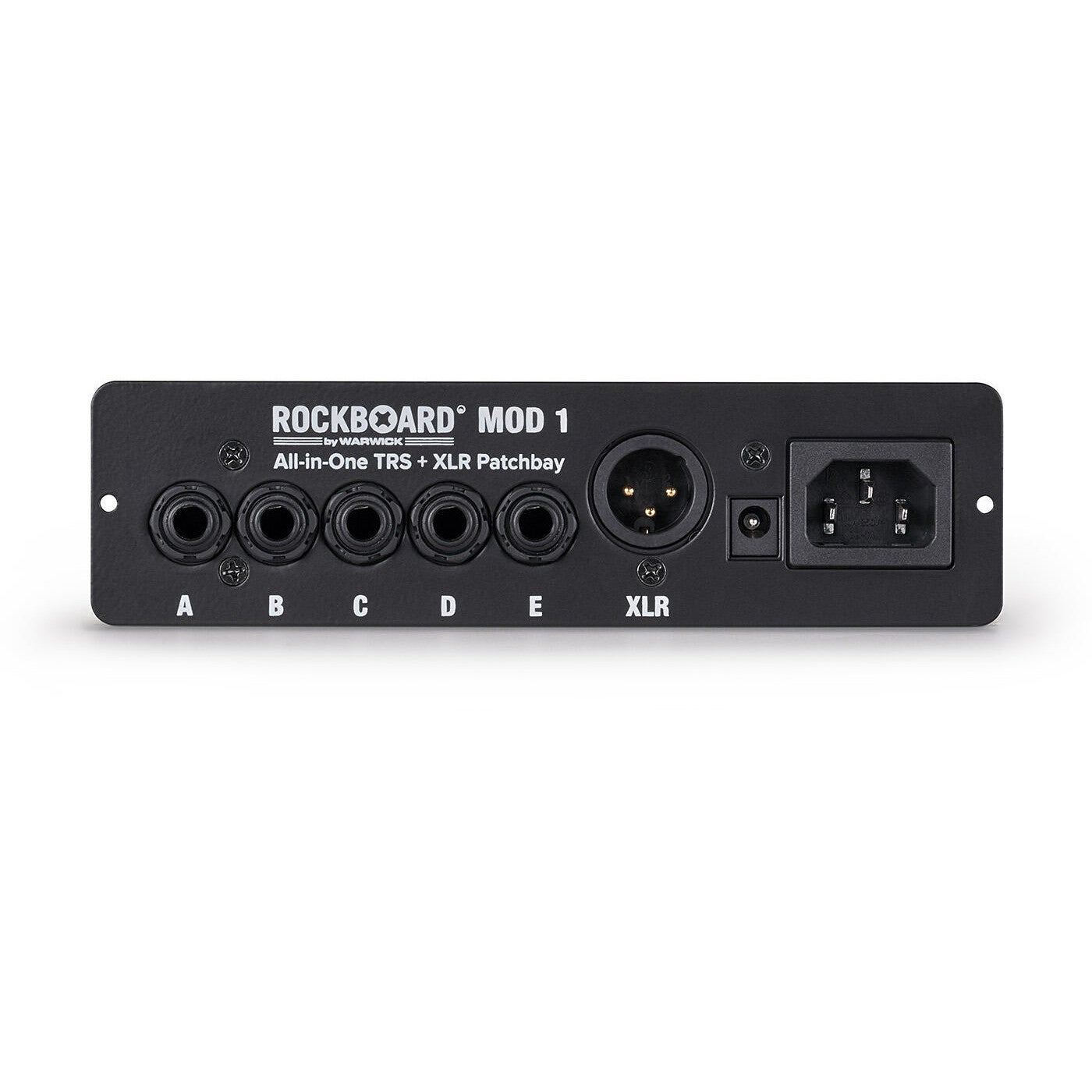 Rockboard Mod 1 patchbay met 5 TRS-aansluitingen, XLR, DC en stroomingang.