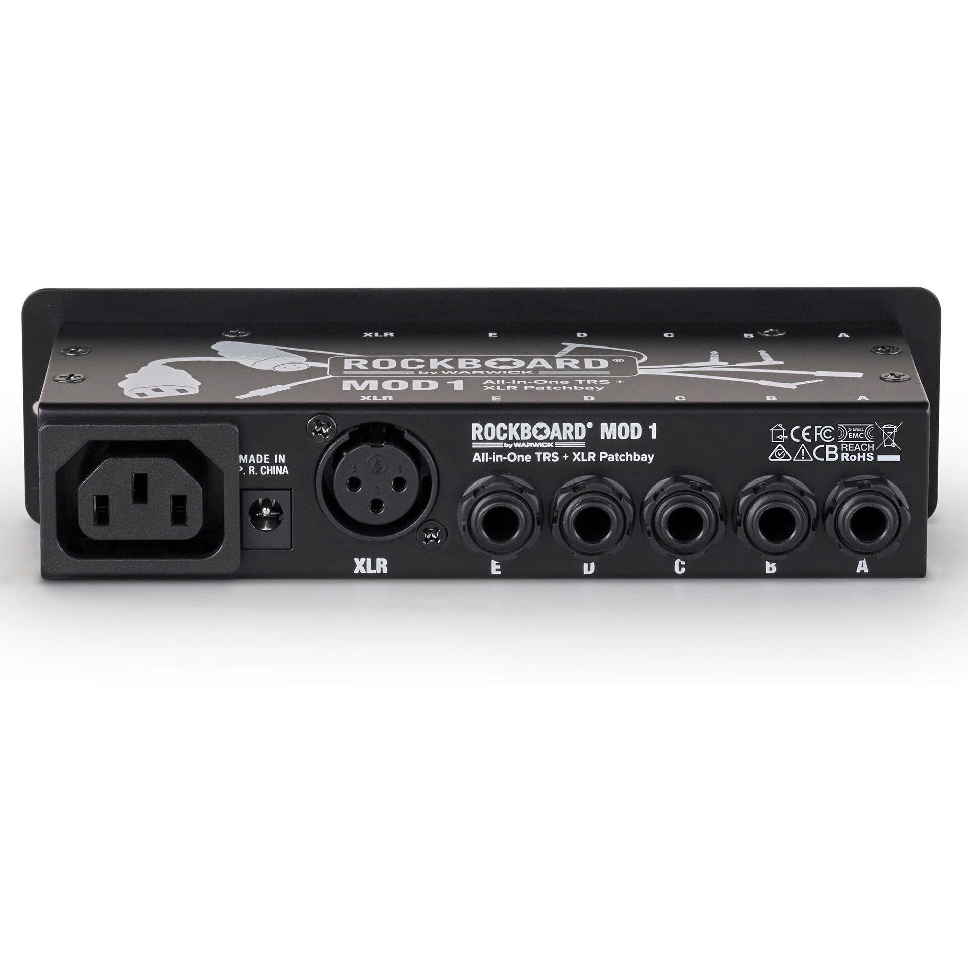 Zwarte RockBoard Mod 1 patchbay met XLR, TRS-aansluitingen en stroomingang.
