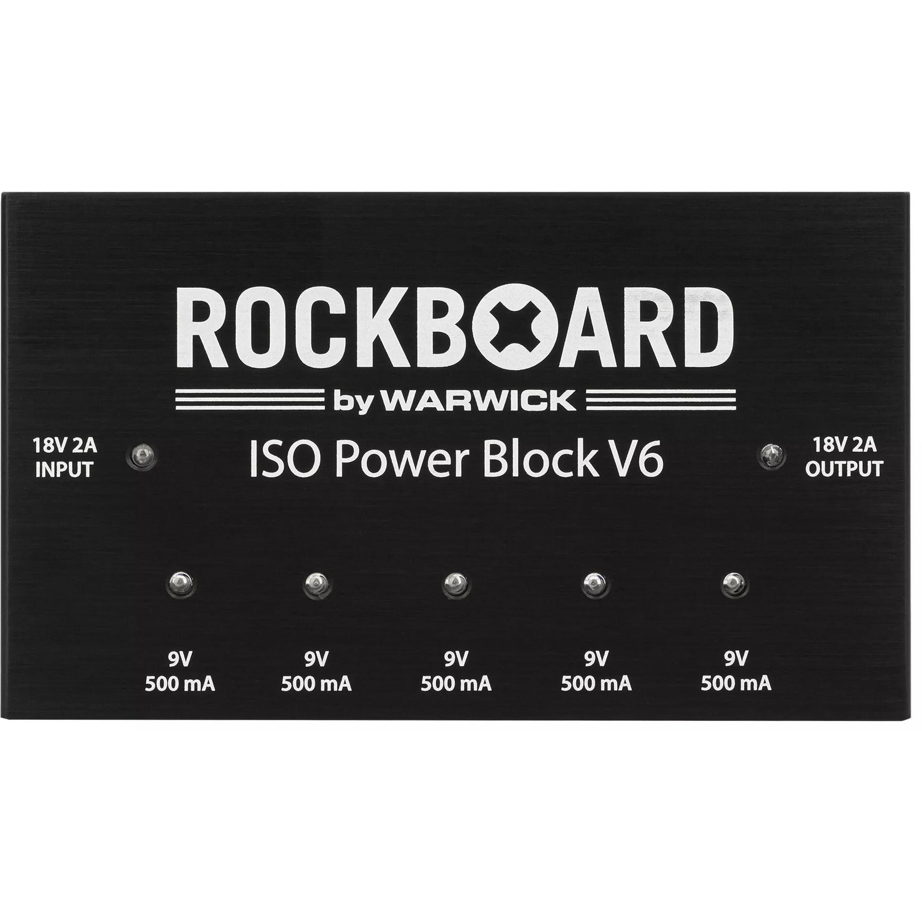 Zwart Rockboard ISO Power Block V6 met witte tekst die ingangen en uitgangen labelt.