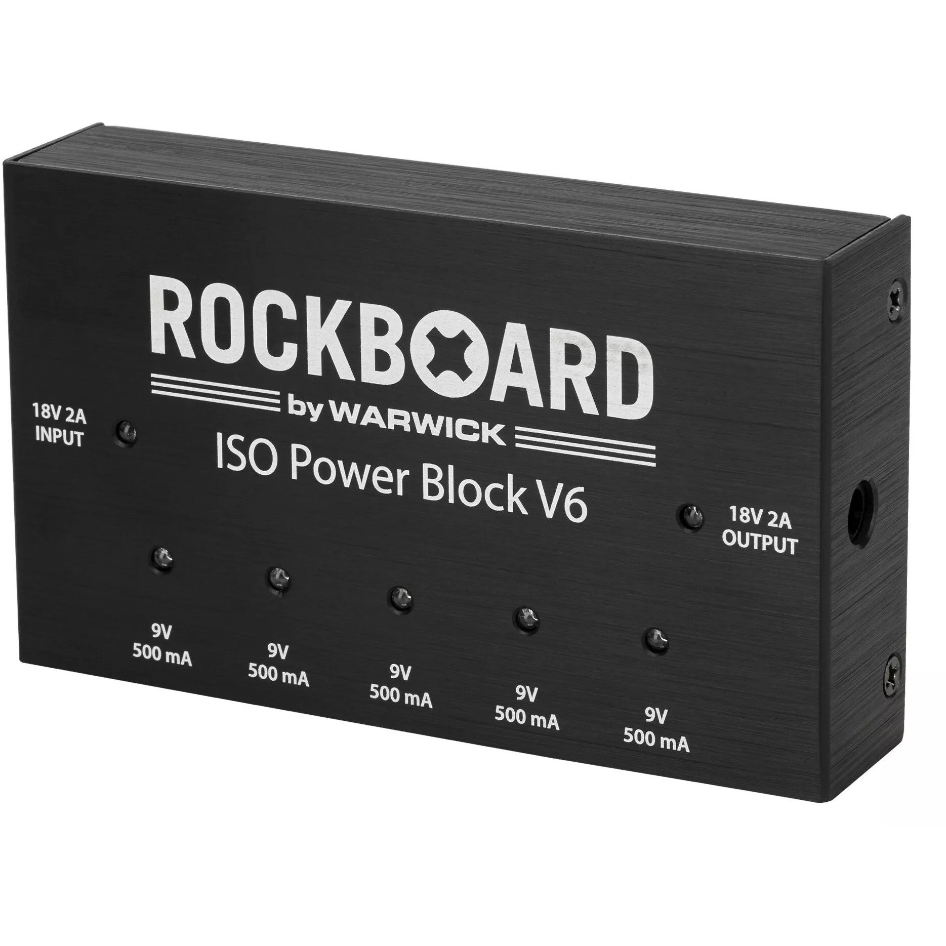 Zwarte Rockboard voeding met vijf 9V 500mA uitgangen.