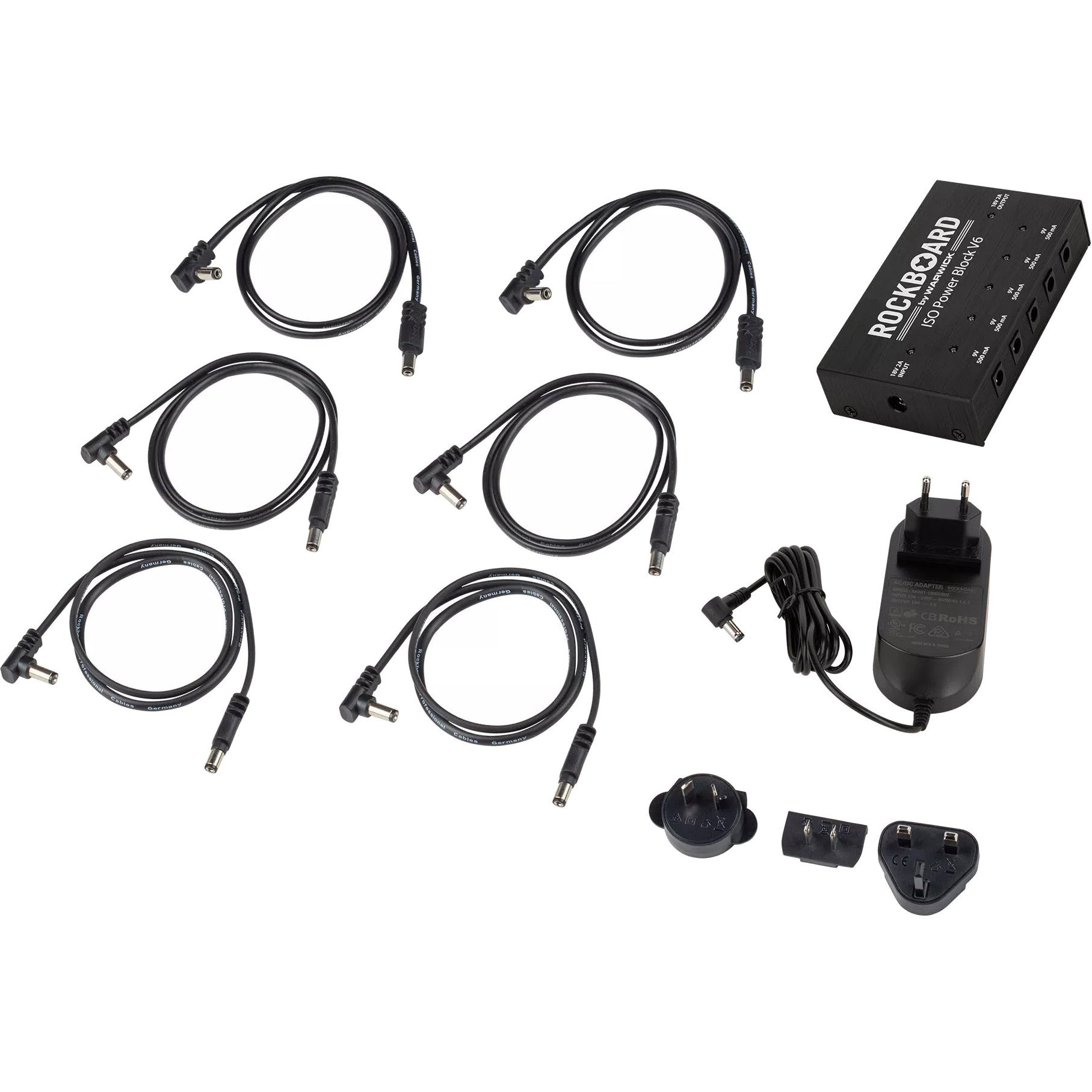 Voeding, kabels en adapters voor gitaareffecten.