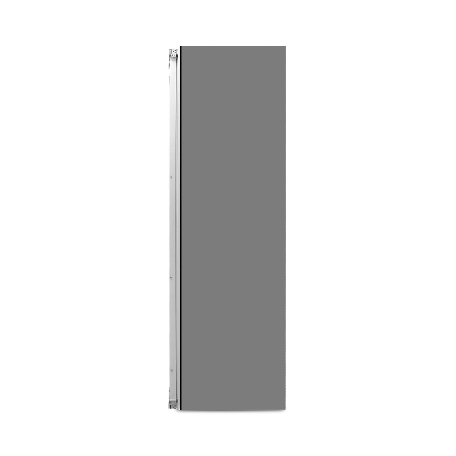 Grauer Kühlschrank von der Seite mit silbernem Griff.