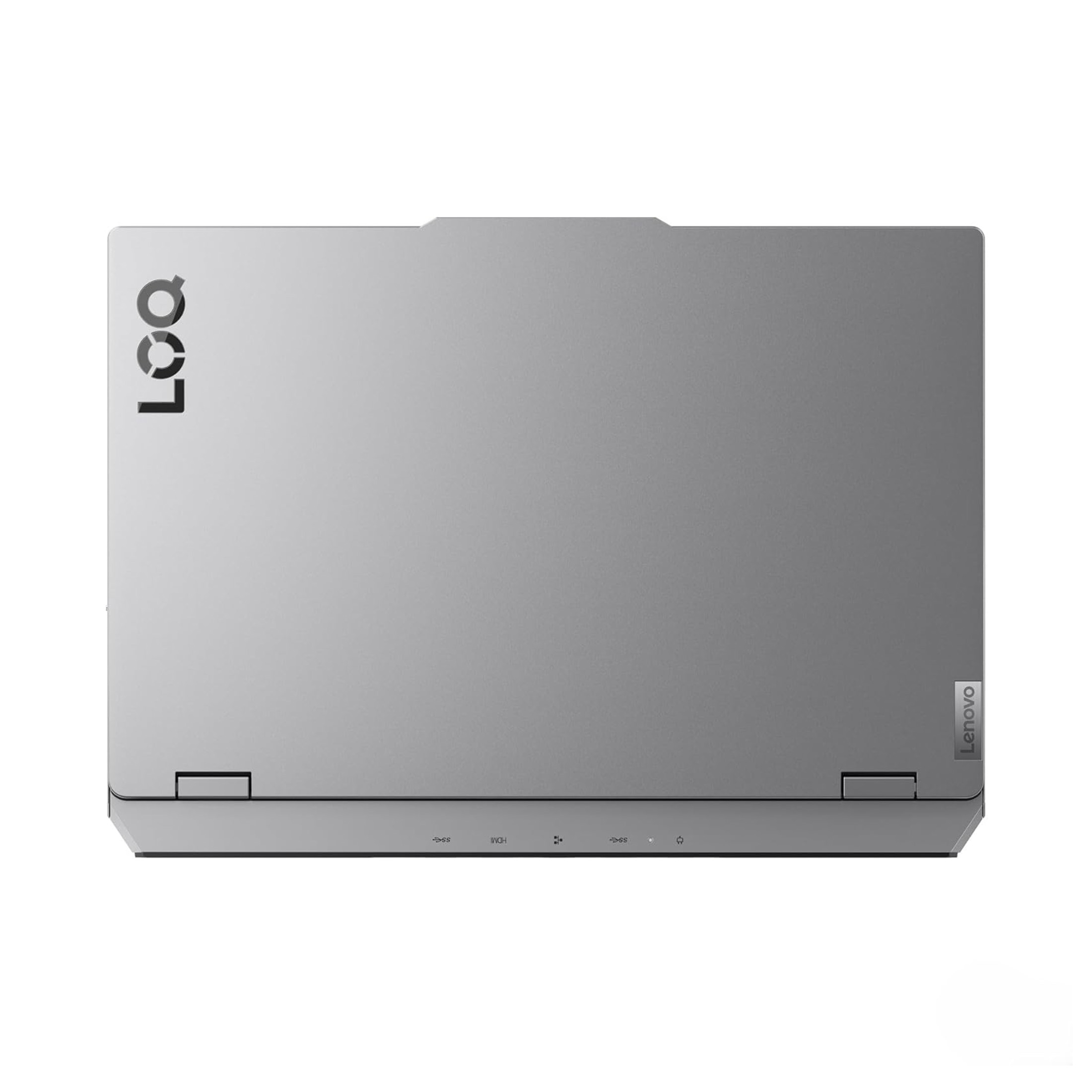 Geschlossener silberner Laptop mit LOQ-Logo und Lenovo-Schriftzug.
