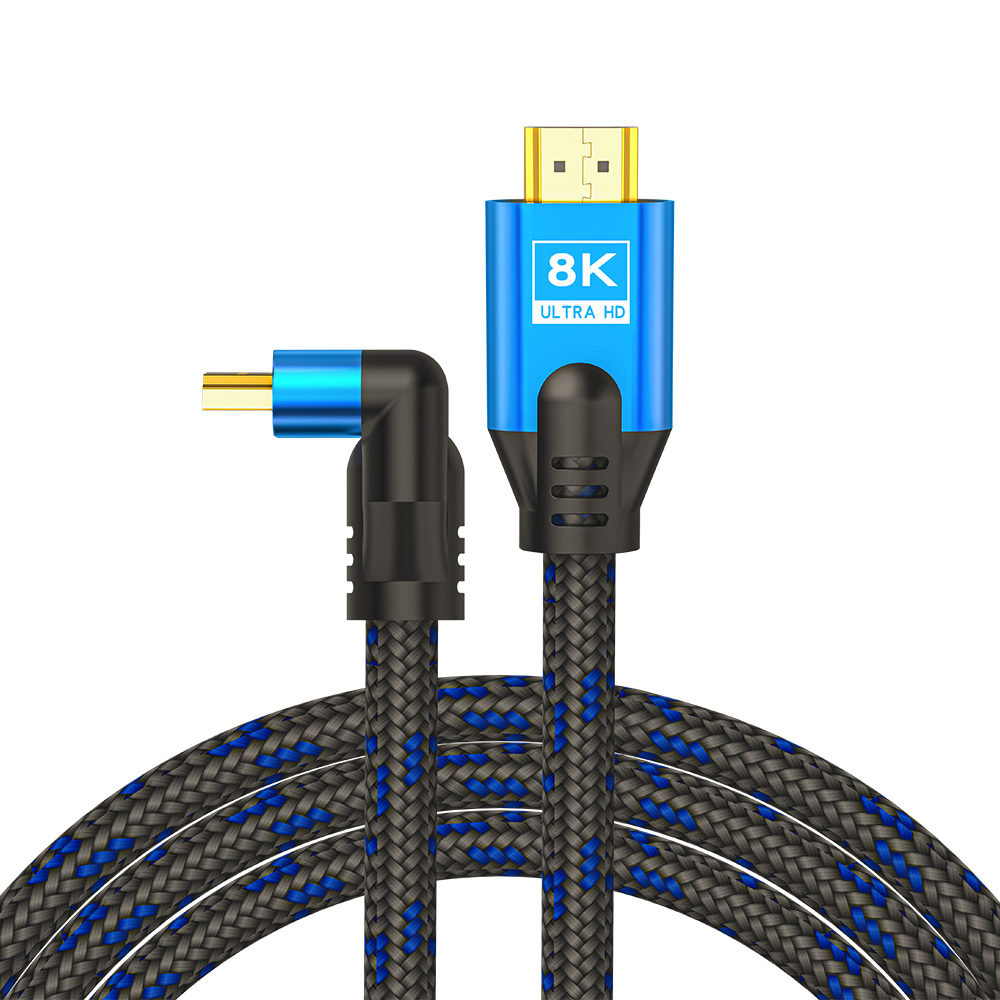 Kabel HDMI 8K Ultra HD z kątowymi złączami i plecionym przewodem.
