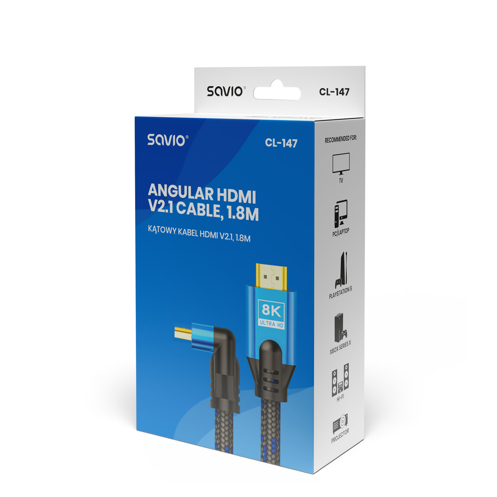 Opakowanie kątowego kabla Savio CL-147 HDMI 2.1, 1.8M, 8K Ultra HD.