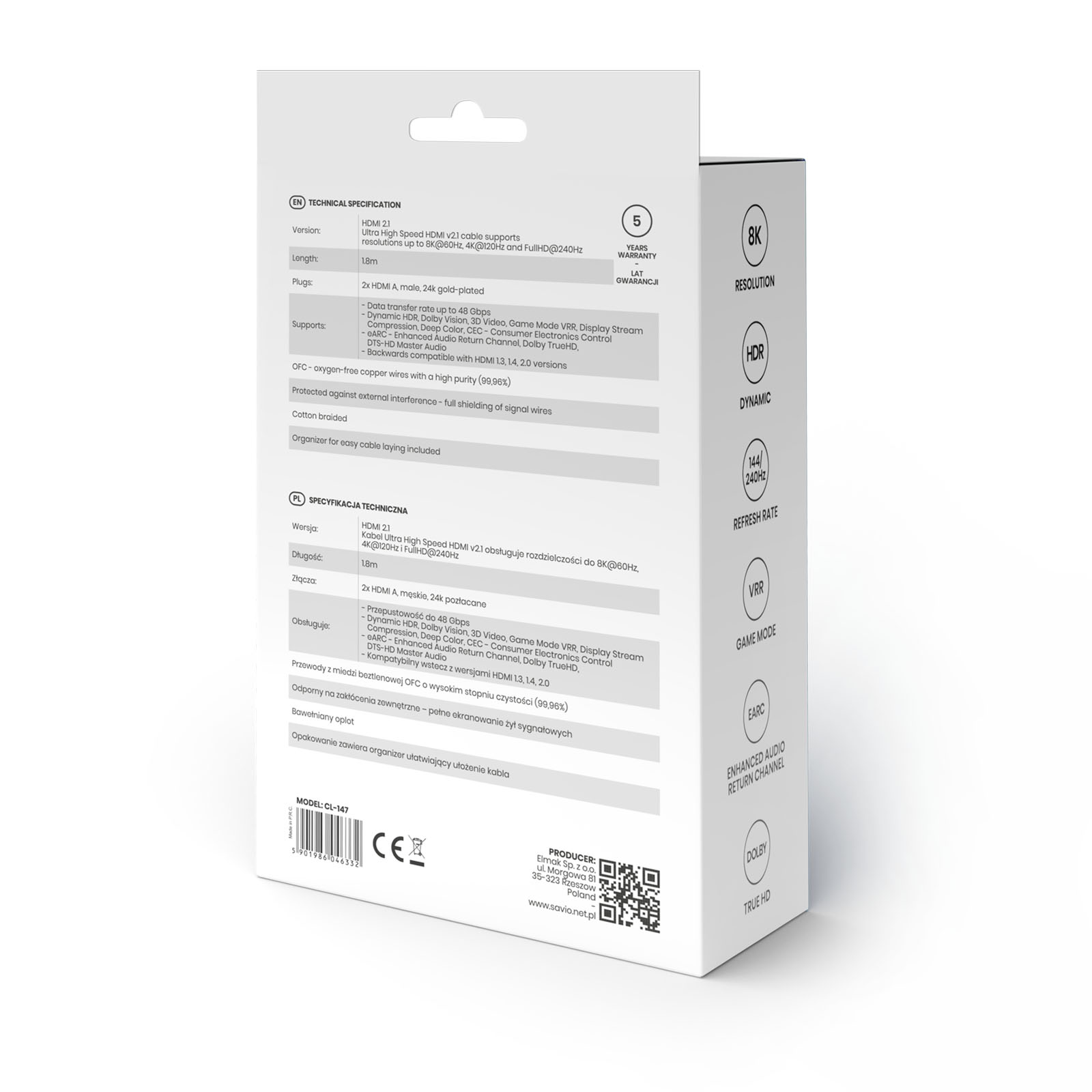 Kabel HDMI 2.1: 1,8m, 8K/60Hz, 4K/120Hz, 48Gbps, 2x HDMI A męski, pozłacany.