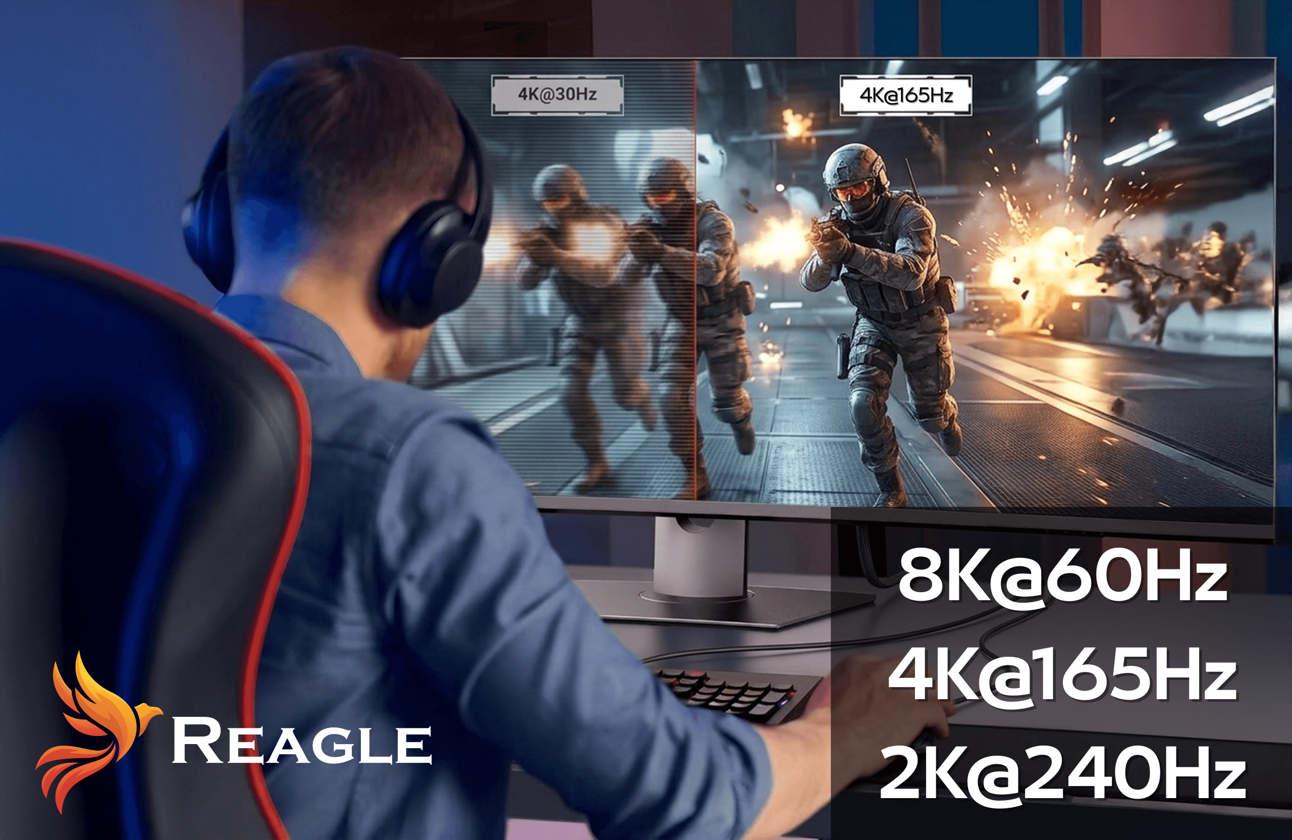 Gracz w słuchawkach porównuje wyświetlacze 4K@30Hz i 4K@165Hz.