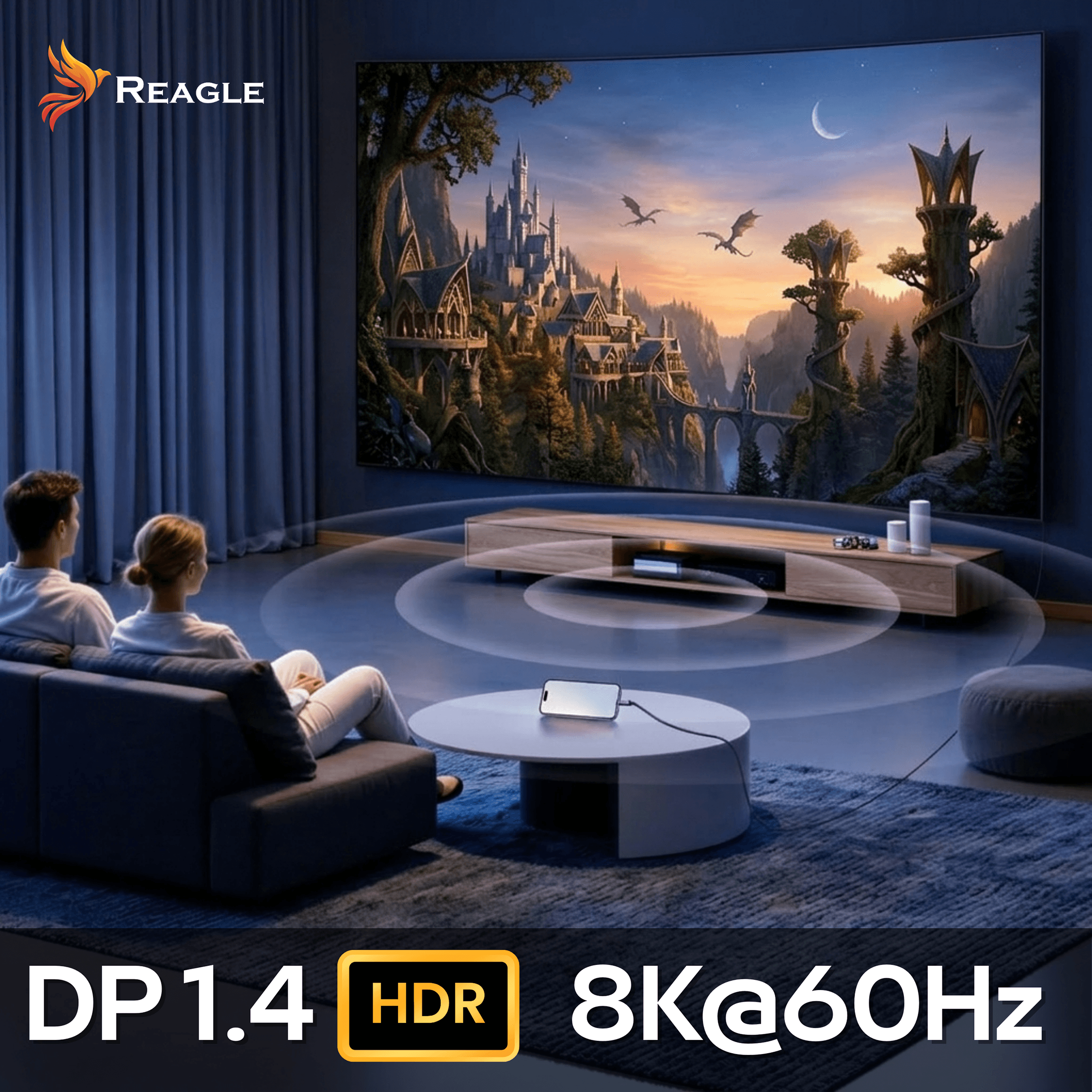 Para ogląda telewizor wyświetlający fantastyczny świat z zamkami i smokami.