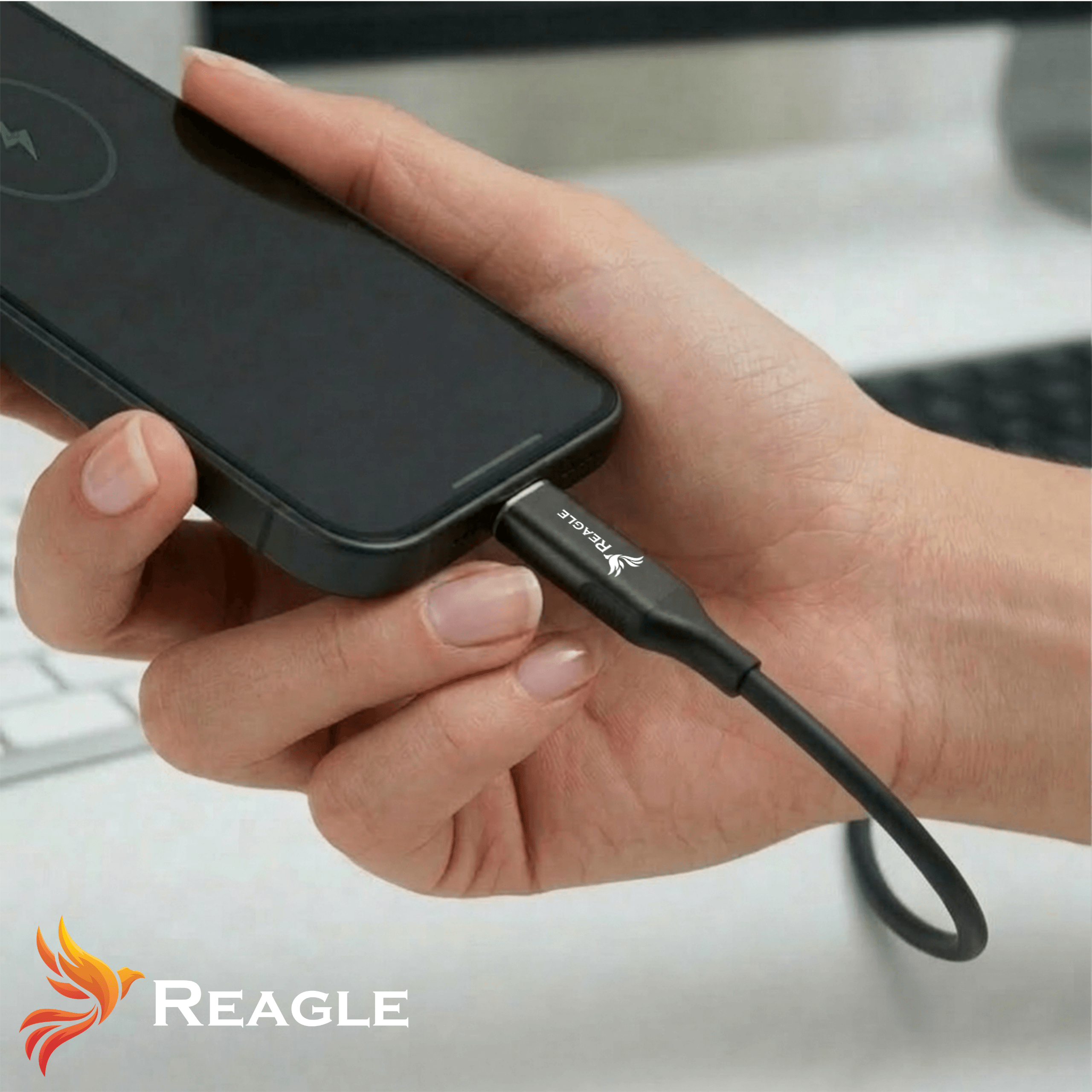 Dłoń podłącza kabel ładujący do smartfona.