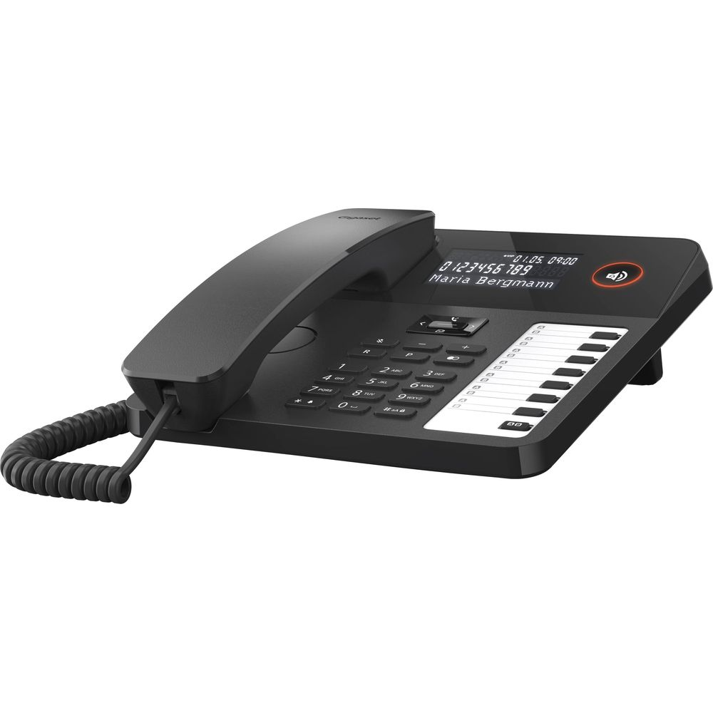 Czarny telefon bezprzewodowy z słuchawką, klawiaturą i wyświetlaczem.