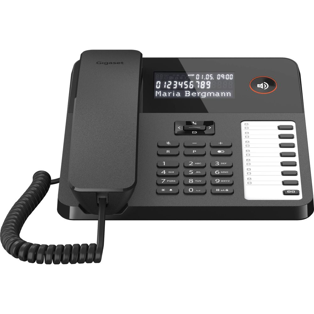 Een zwarte Gigaset draadloze telefoon met display, toetsenbord en hoorn.