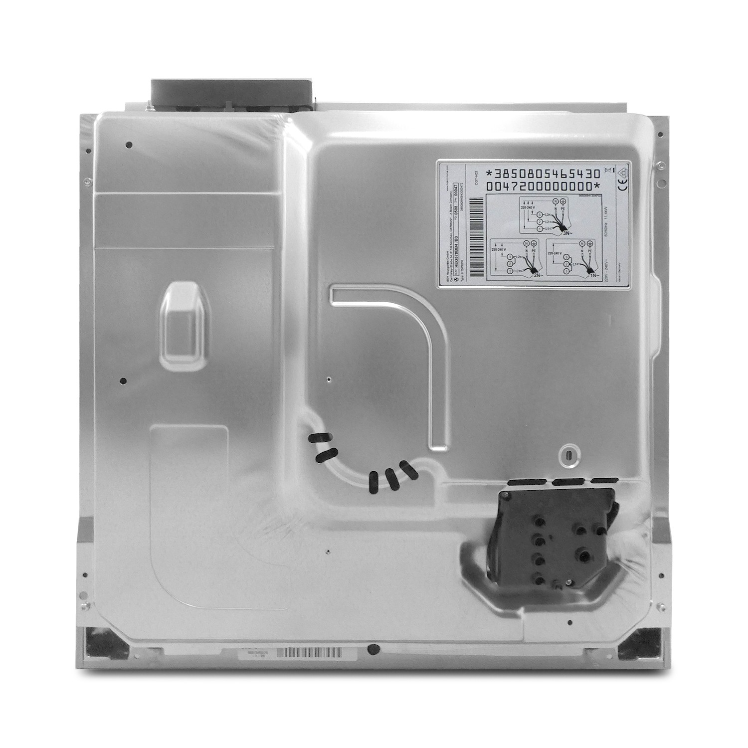 Rückseite eines Geräts mit einem Aufkleber, der elektrische Schaltpläne zeigt.