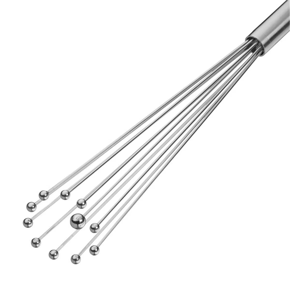 Srebrna trzepaczka z kulkami na końcach drutów.