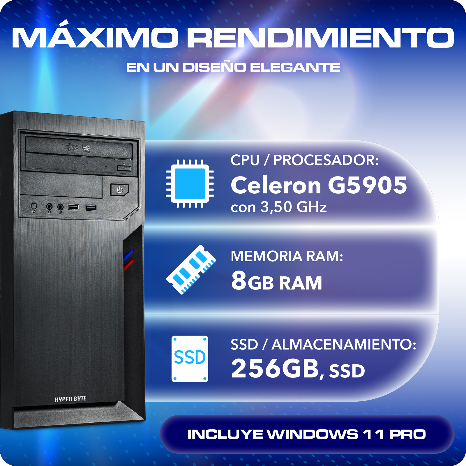 Torre de PC negra con unidad DVD, CPU Celeron G5905, 8GB RAM, SSD 256GB.