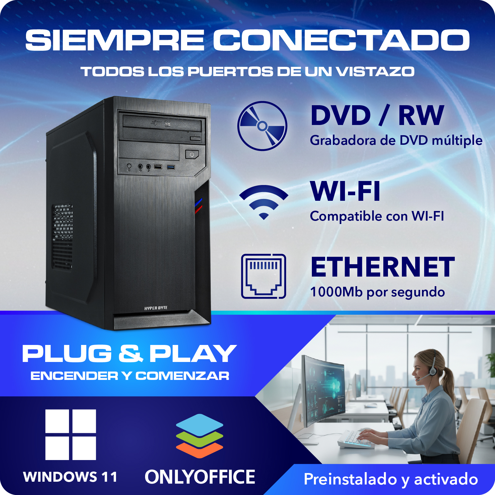 Una torre de computadora negra con íconos de DVD-RW, Wi-Fi y Ethernet.