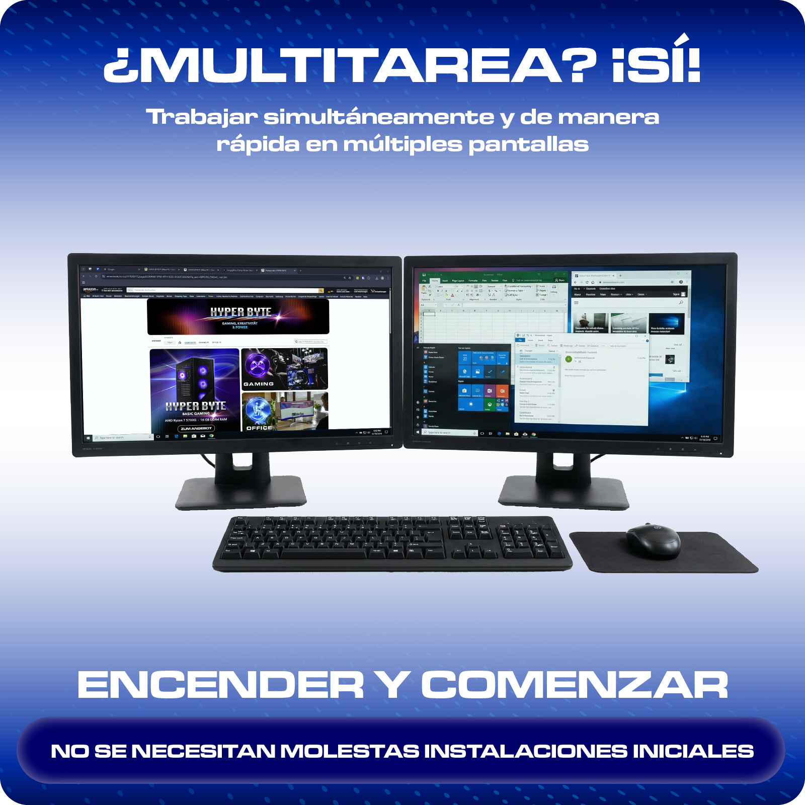 Dos monitores de computadora, un teclado y un ratón sobre un escritorio.