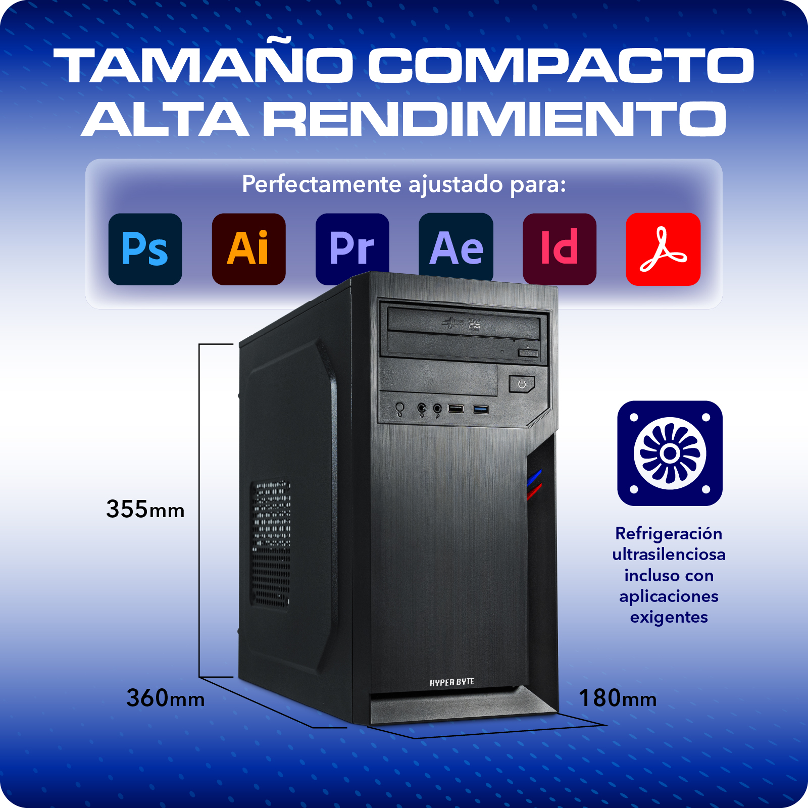 Caja de PC negra con dimensiones y logos de software. Refrigeración silenciosa.
