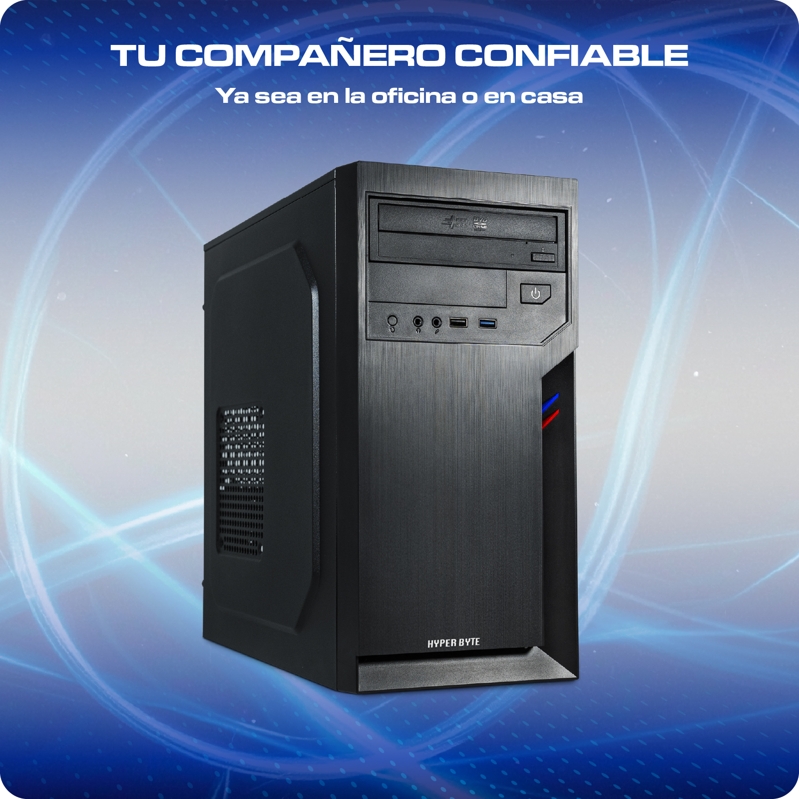 Torre de ordenador negra con unidad de DVD, puertos USB y botón de encendido.