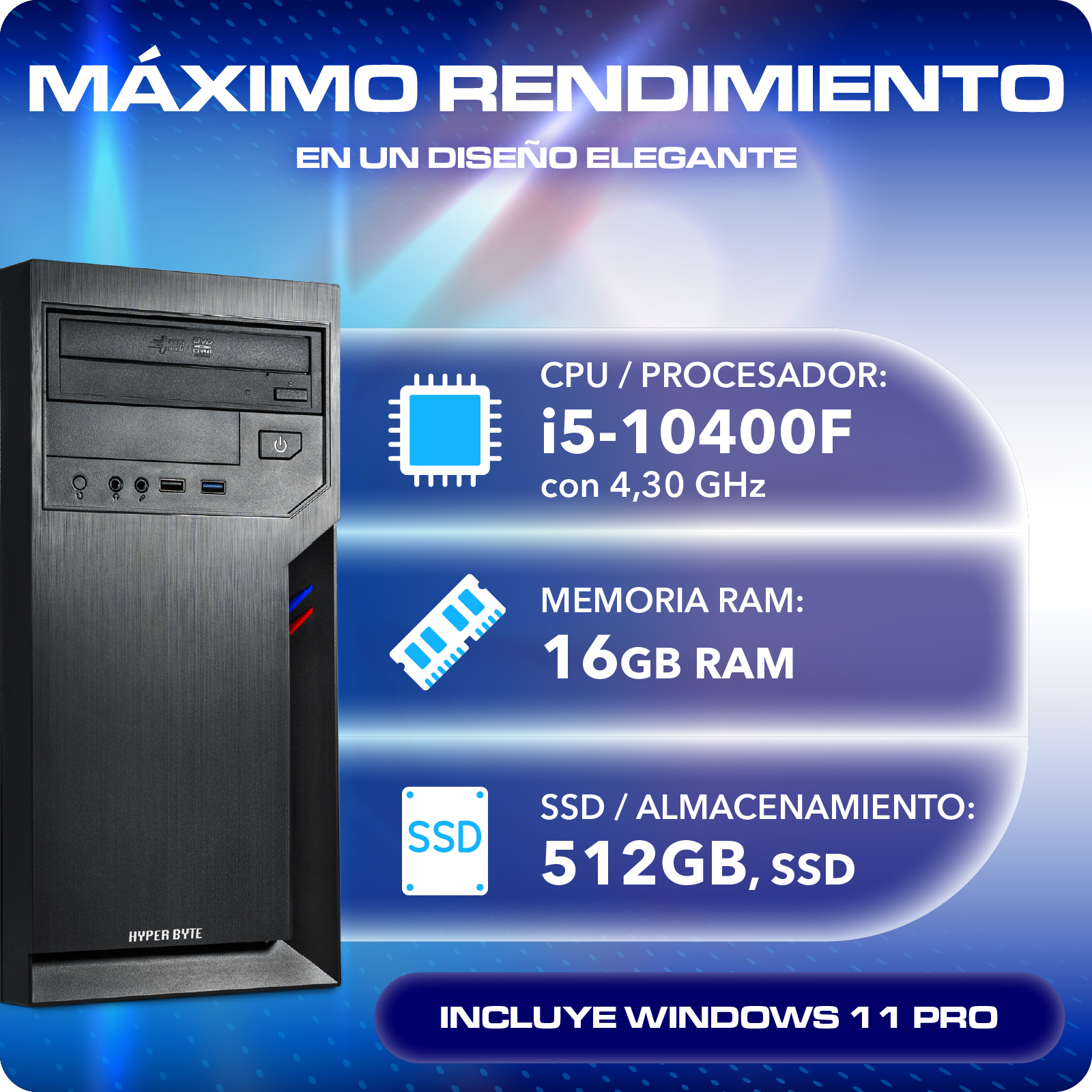 Una torre de PC negra con especificaciones: CPU i5-10400F, 16GB RAM, 512GB SSD.