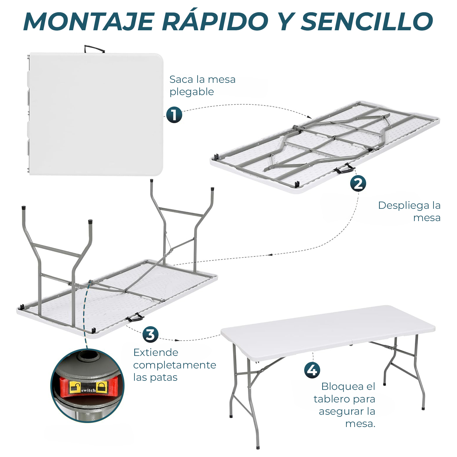 Instrucciones para desplegar una mesa plegable blanca con patas metálicas.