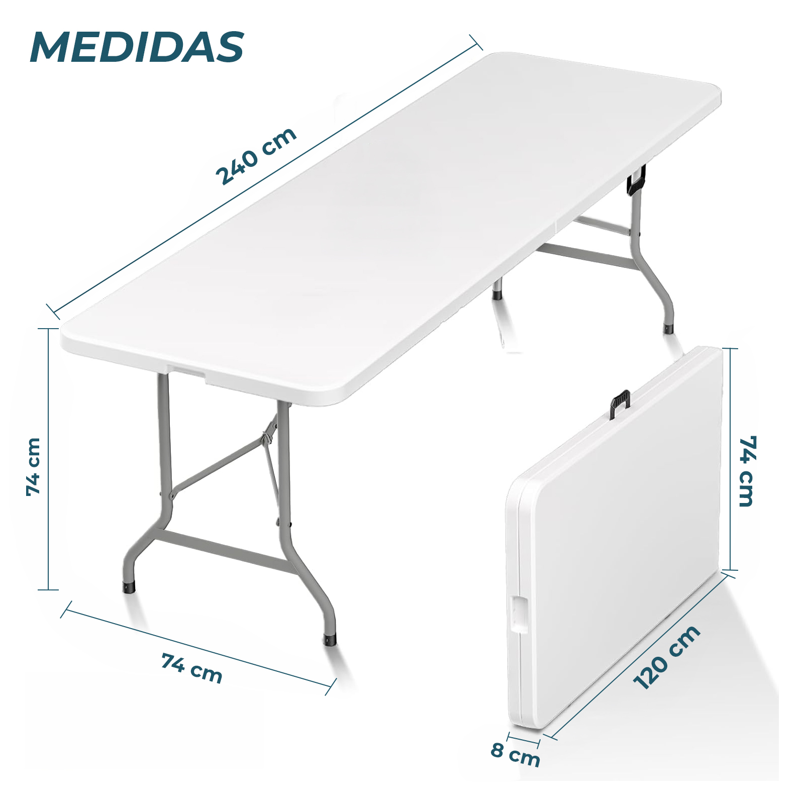 Mesas plegables blancas, una desplegada (240x74x74 cm) y otra plegada (120x74x8 cm).
