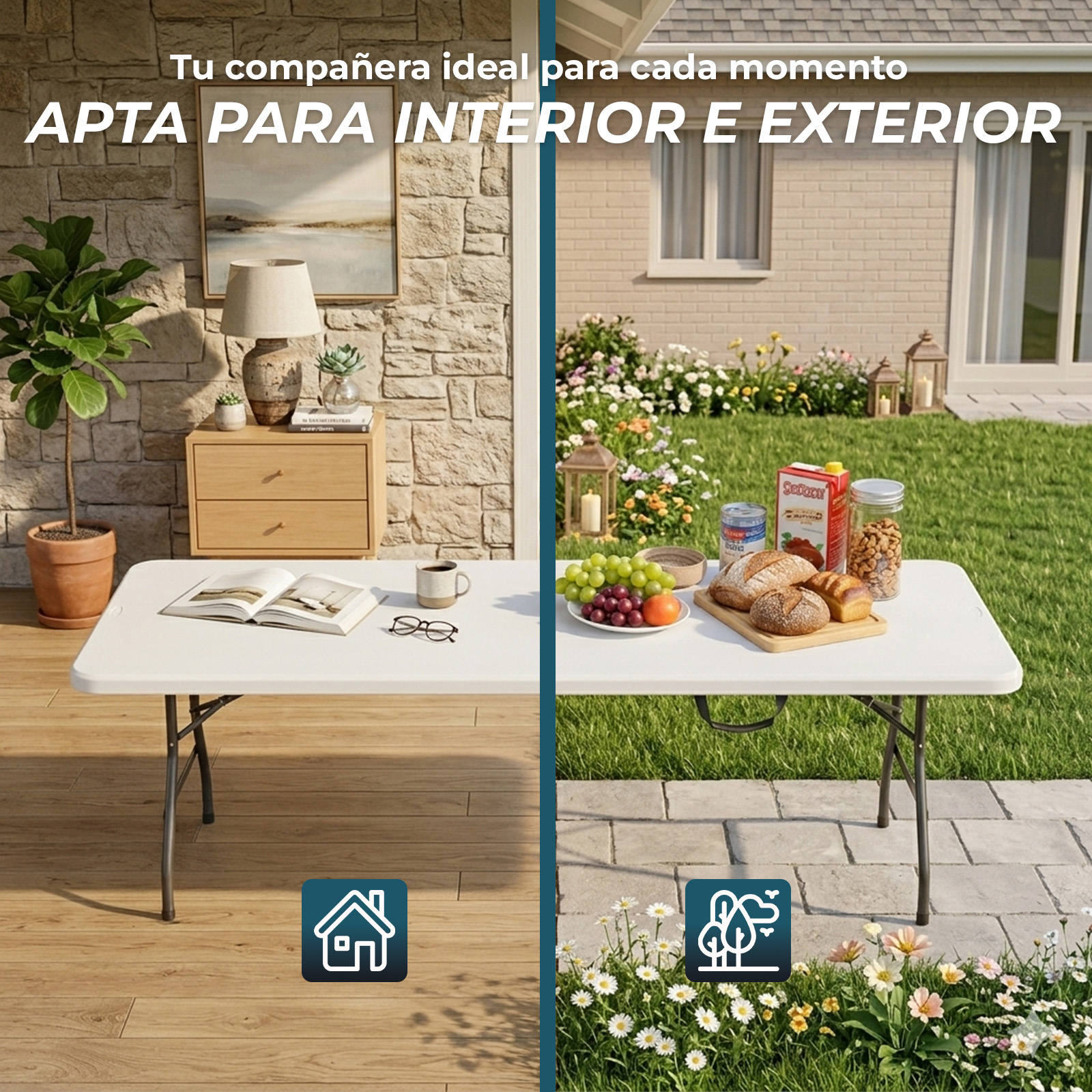 Una mesa interior con planta y lámpara, exterior con comida y flores.