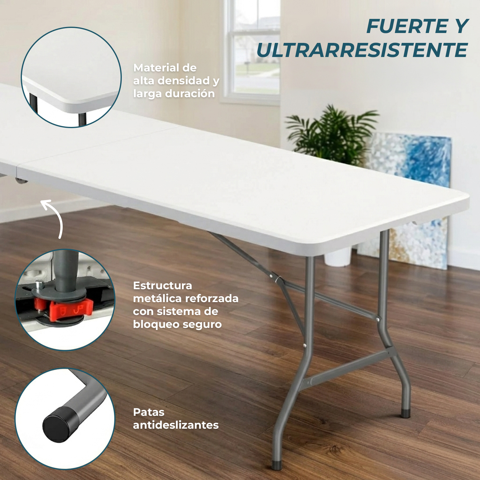 Una mesa plegable blanca con patas de metal sobre suelo de madera.
