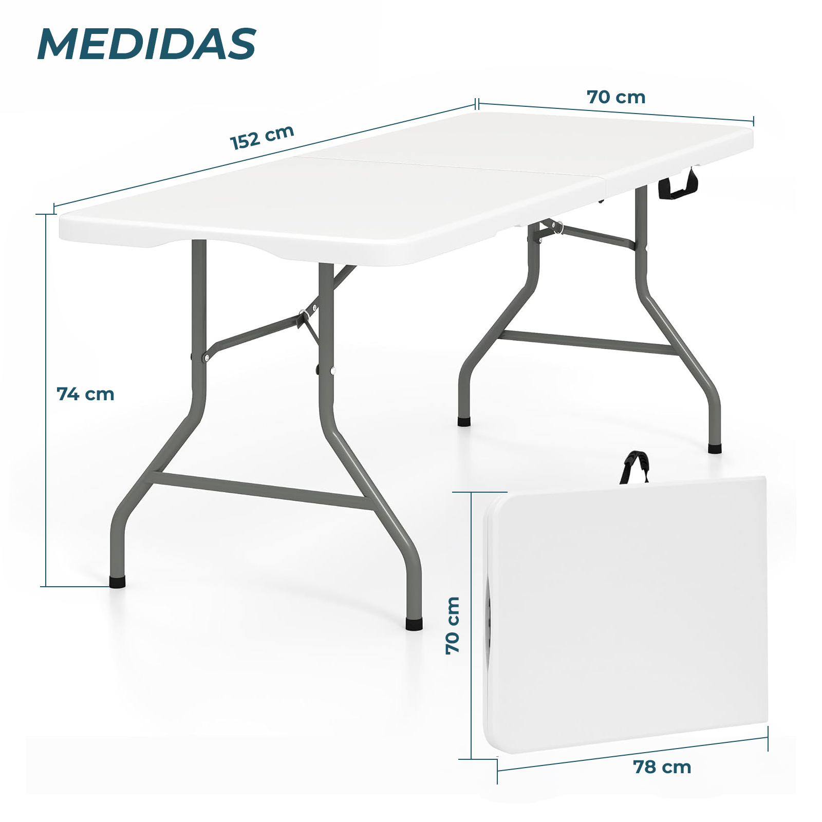Mesa plegable blanca con patas metálicas grises, se muestran las medidas.