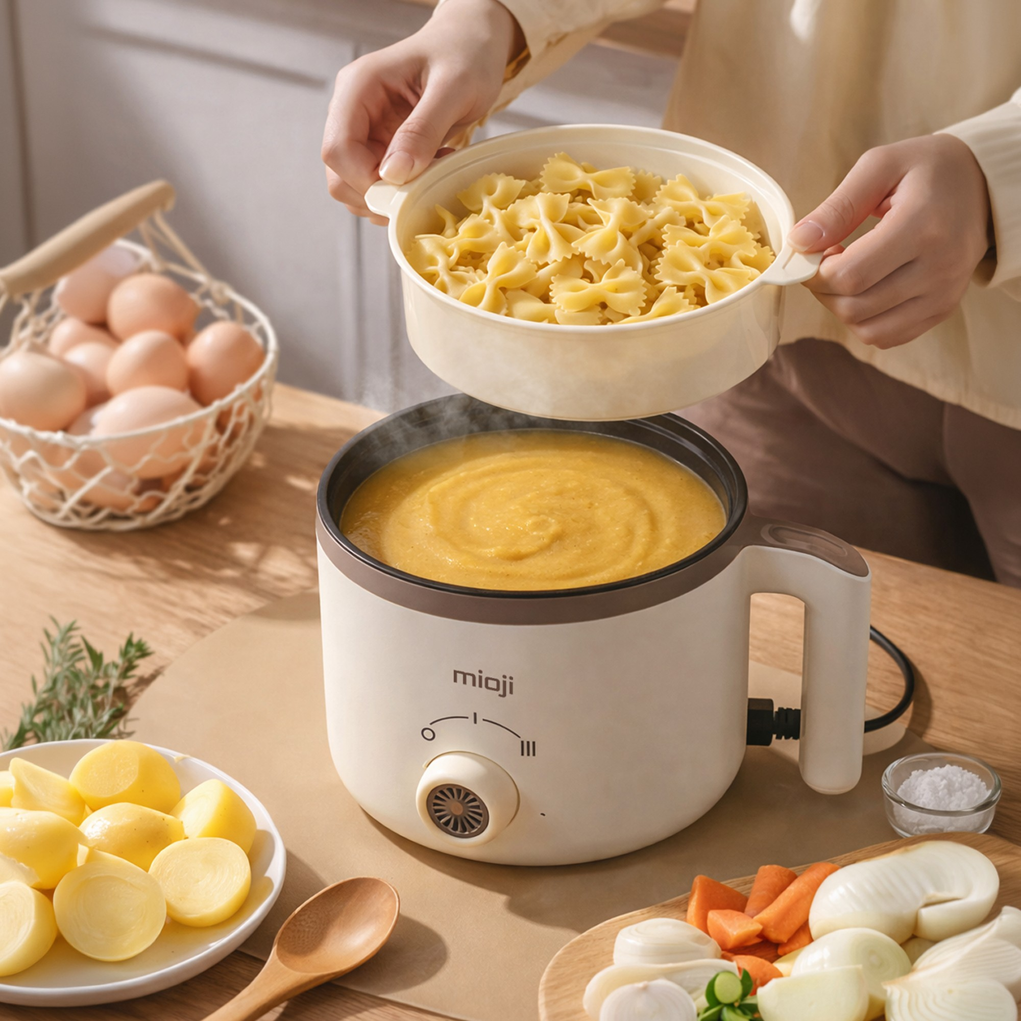 Bir kişi, yakındaki yumurta ve sebzelerle birlikte sarı çorba tenceresine makarna ekliyor.