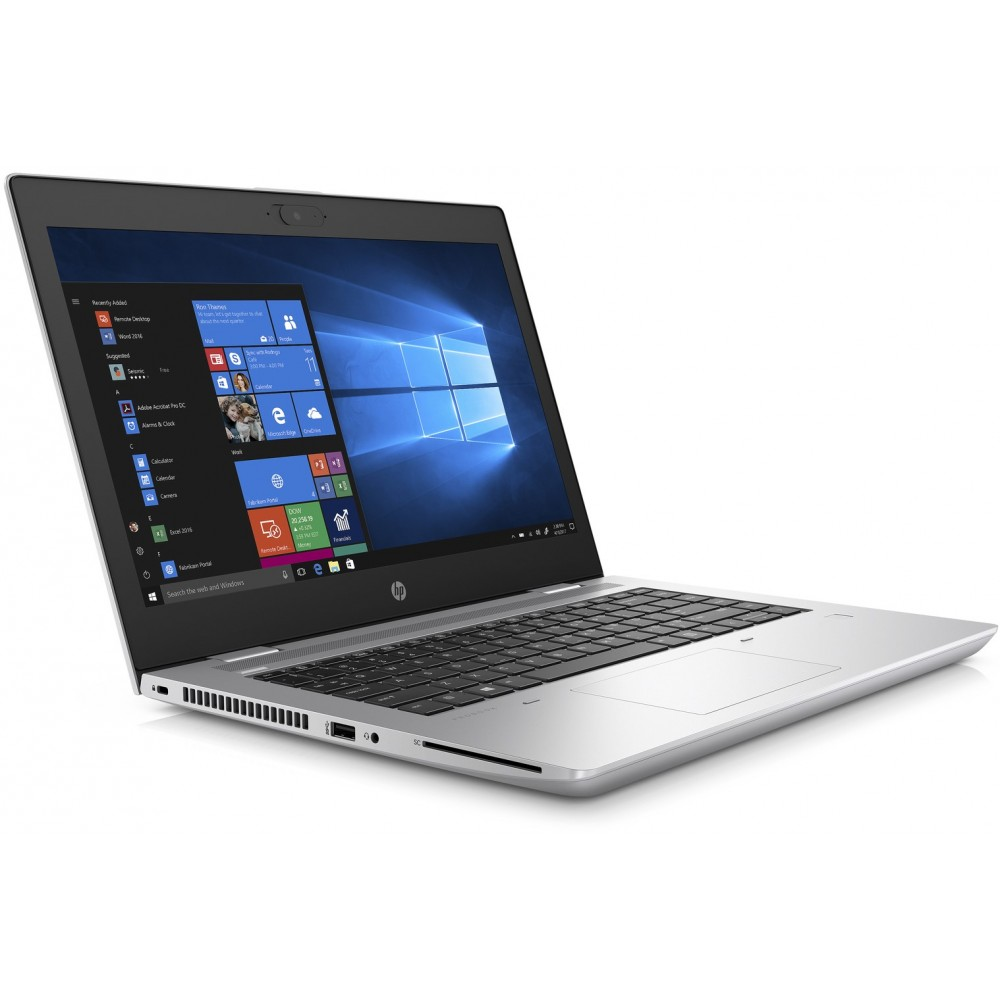 Ein silberner HP Laptop mit Windows-Startmenü auf dem Bildschirm, auf weißem Hintergrund.