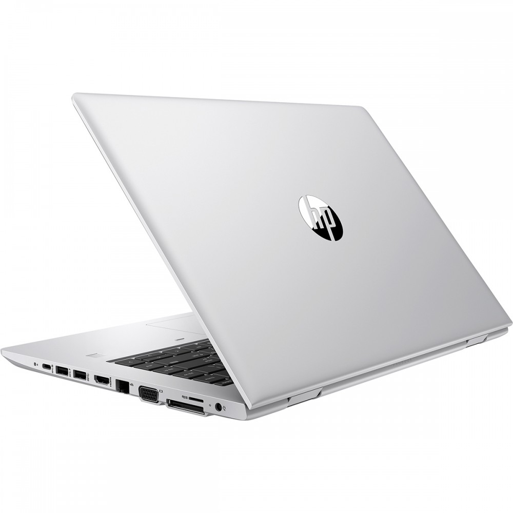 Ein silberner HP Laptop mit offenem Deckel, Tastatur sichtbar.