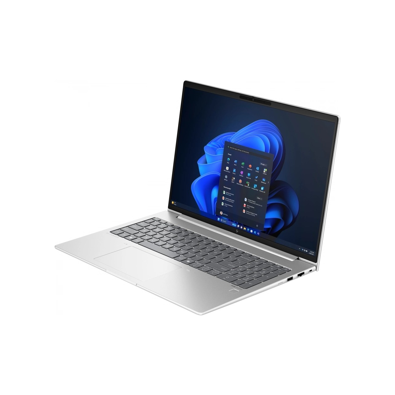 Ekranında Windows 11 başlat menüsü açık gümüş renkli dizüstü bilgisayar.