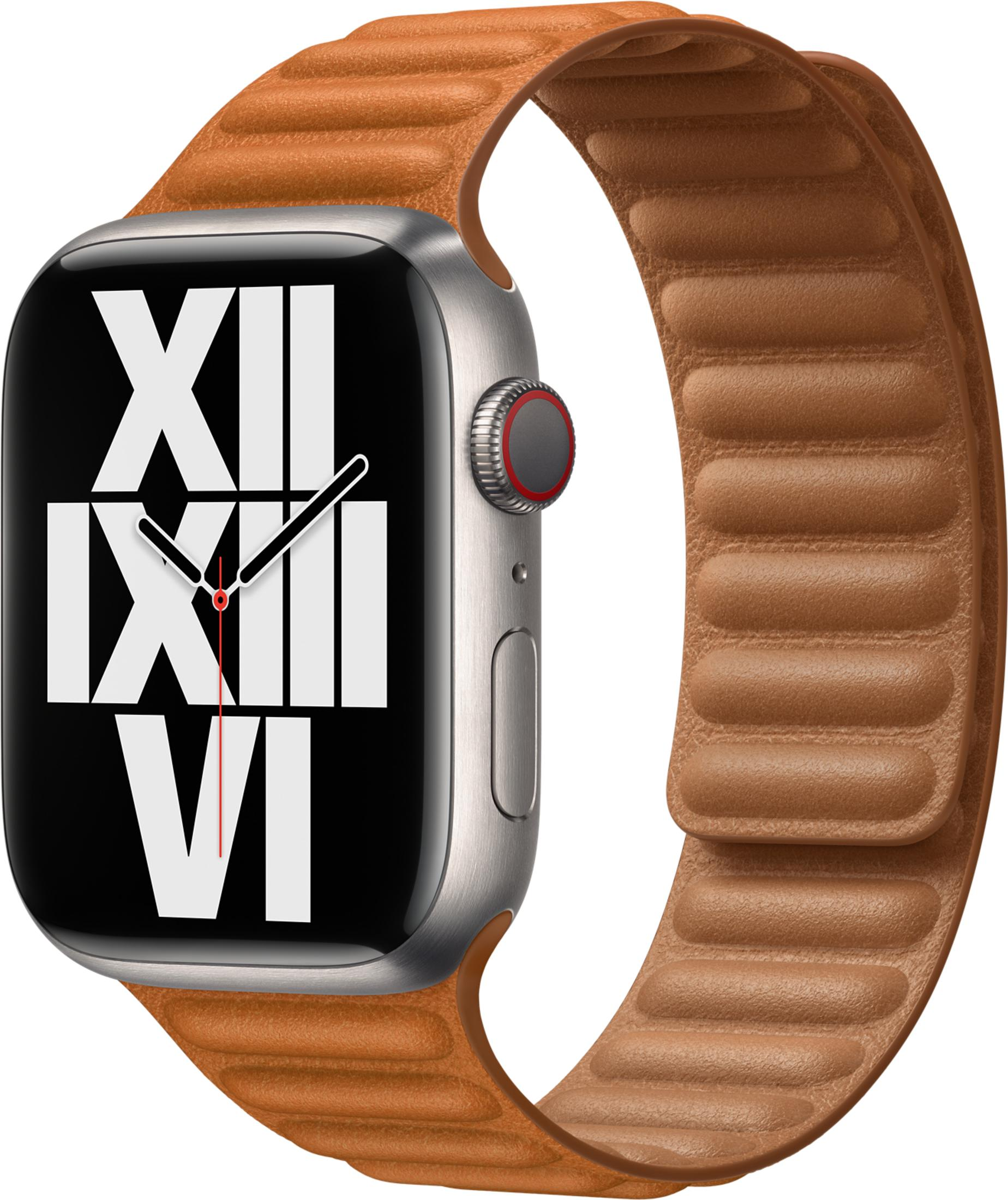 Silver smartwatch with a brown leather band and Roman numeral watch face.