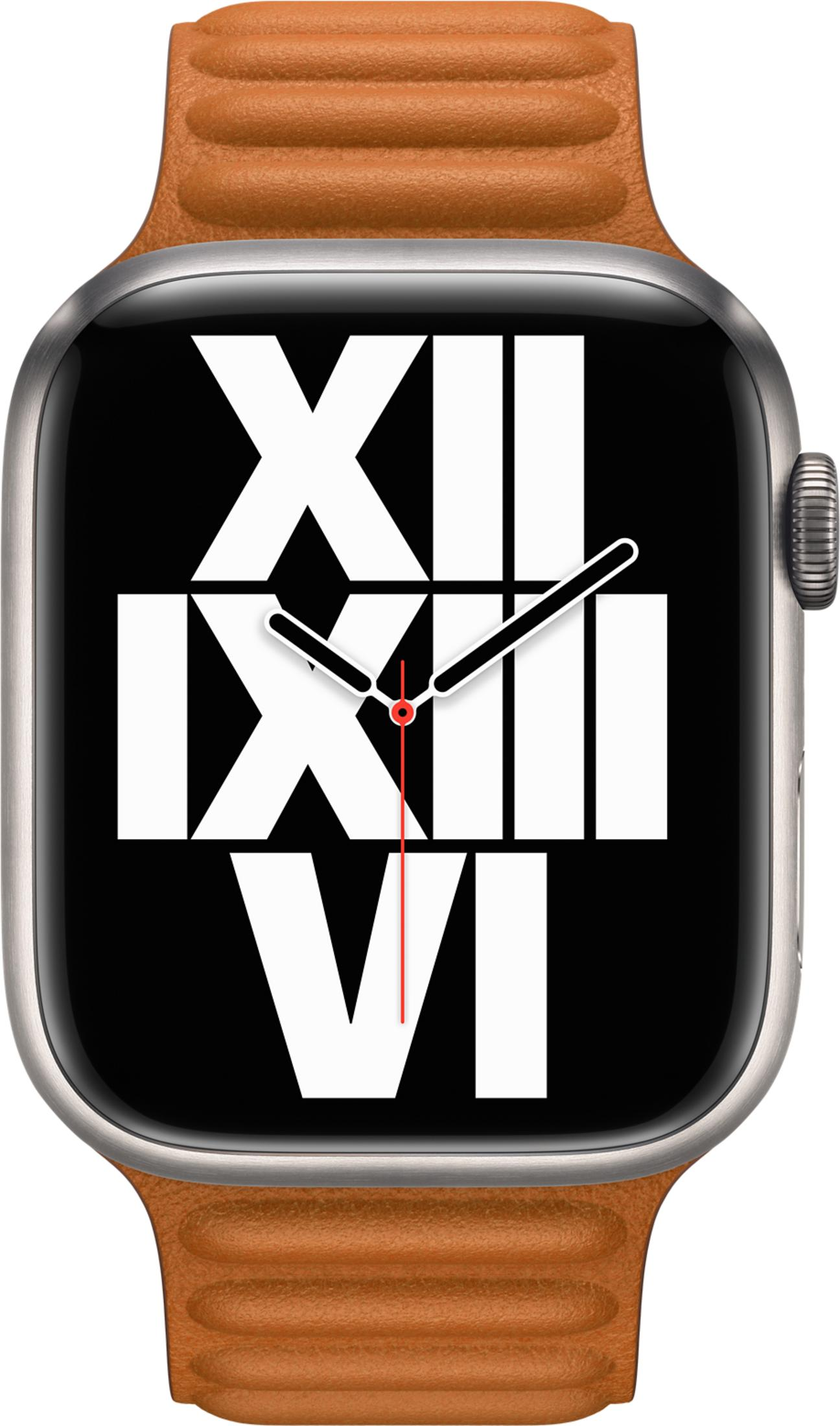 A brown leather band smartwatch with a modern face showing Roman numerals.