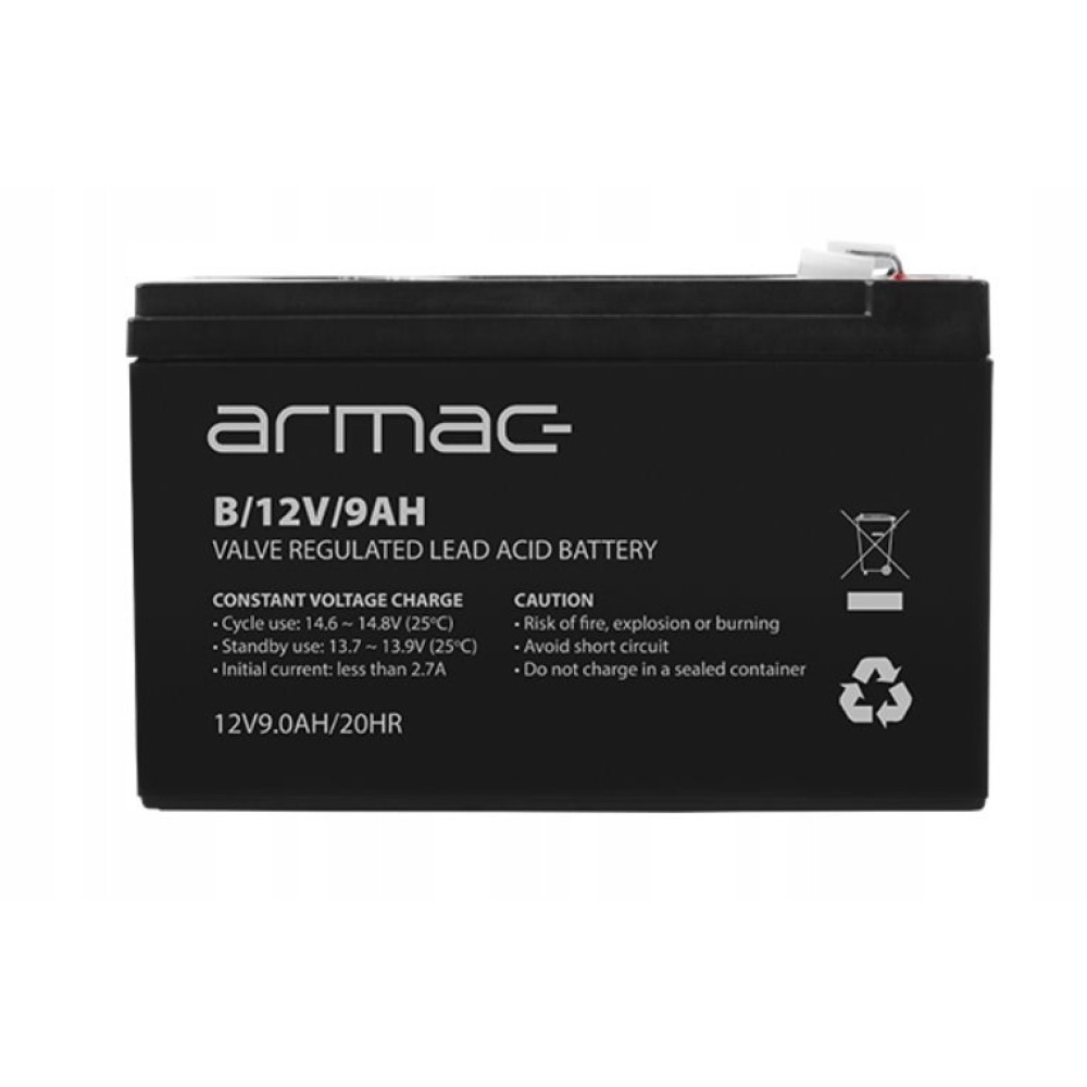 Czarna bateria z logo "armac", B/12V/9AH, szczelny akumulator kwasowo-ołowiowy.